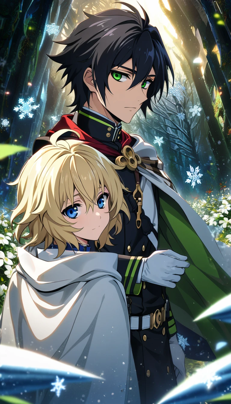 Ultra detailed, high-res, absurdres, HDR, Mikaela Hyakuya, blue eyes, wavy blond hair, Yuu Hyakuya, black hair, green eyes, Owari No Seraph, ice forest, snowflakes, flowers, two man together, gay couple, handsome, cape, white gloves