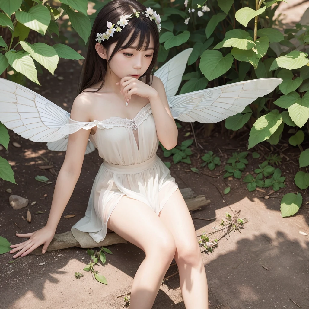 Fairiy with a Japanese face,Lake Cruise,1girl, ((best quality)), ((masterpiece)), (detailed), realistic, photo, ethereal beauty,cute,(black hair:1.2), (black eyes:1.2),Light colored dress,(transparent fairy wings:1.2), exquisite and beautiful face, exquisite collarbone, seductive and delicate collarbone, charming fragrant shoulders, shoulders slightly exposed,peach Red lips,(smile:1.2),beautiful tit,belly button,pale snow white skin, pale milky white porcelain skin, (smooth translucent white skin:0.4)