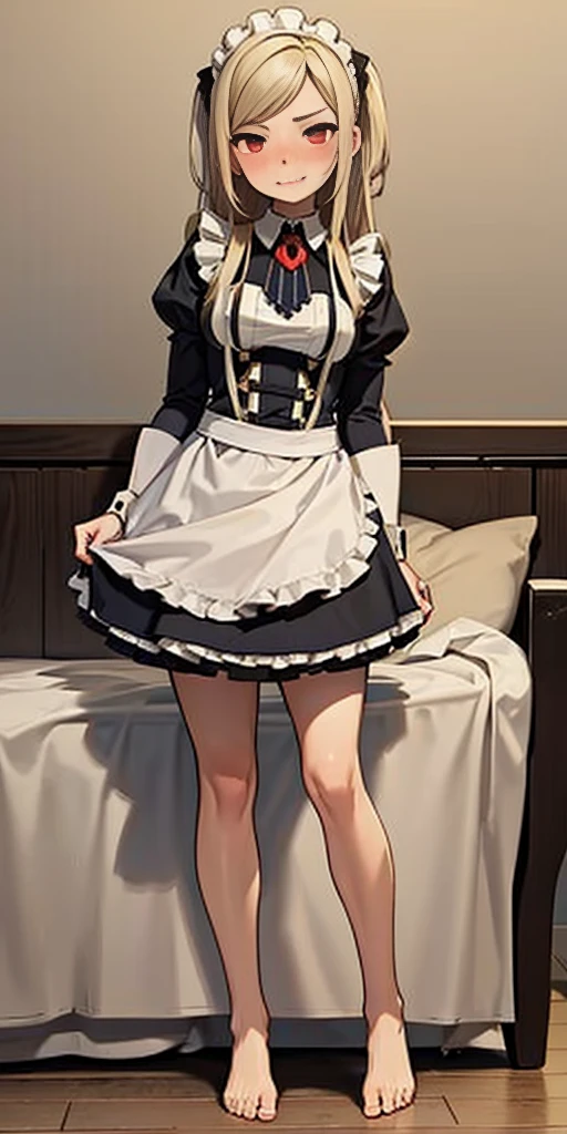 1girl, cute, ((Short black hair girl and long blonde hair girl)), maid victorian, maid apron, straight face, dazed, Body position: Standing, straight, symmetrical, barefoot, Lustful smile on face with red blush