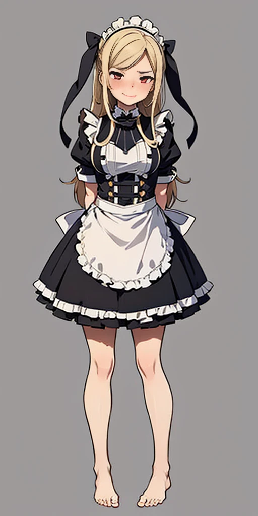 1girl, cute, ((Short black hair girl and long blonde hair girl)), maid victorian, maid apron, straight face, dazed, Body position: Standing, straight, symmetrical, barefoot, Lustful smile on face with red blush