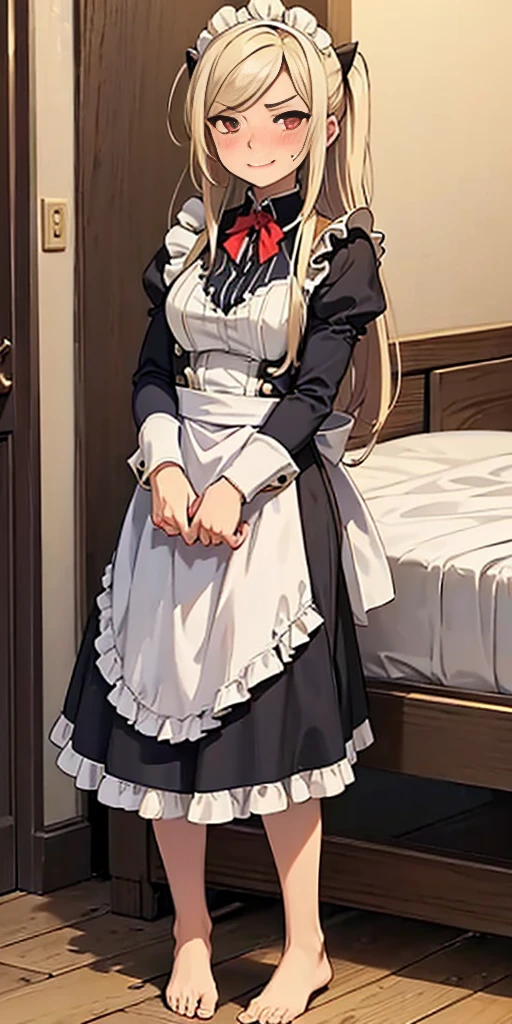 1girl, cute, ((Short black hair girl and long blonde hair girl)), maid victorian, maid apron, straight face, dazed, Body position: Standing, straight, symmetrical, barefoot, Lustful smile on face with red blush