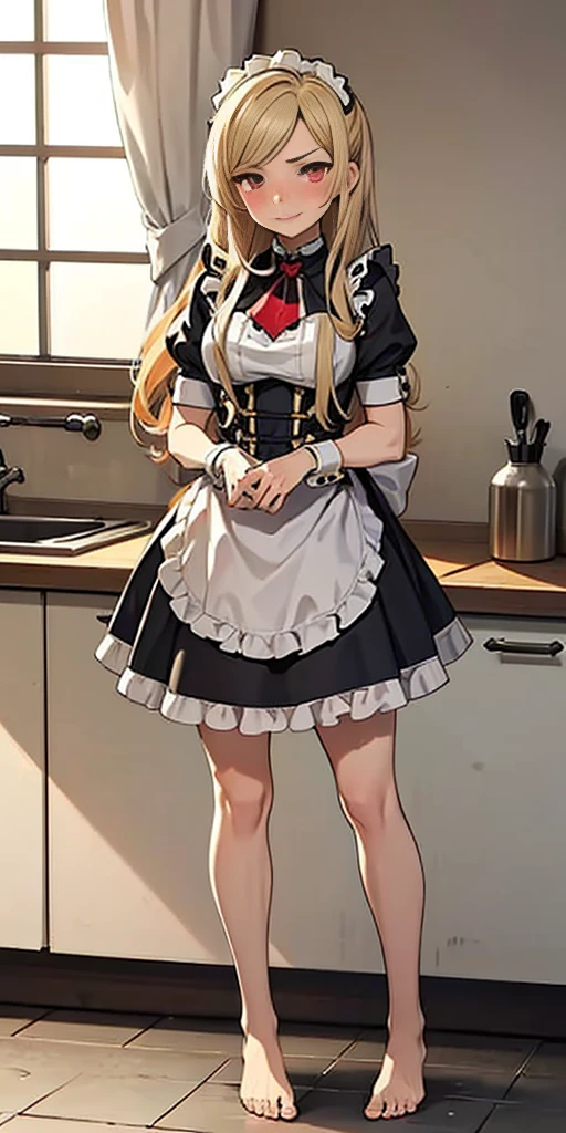 1girl, cute, ((Short black hair girl and long blonde hair girl)), maid victorian, maid apron, straight face, dazed, Body position: Standing, straight, symmetrical, barefoot, Lustful smile on face with red blush