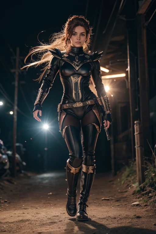 Full body view, (Obra-prima, melhor qualidade, 8k, High resolutions: 1.2), (dramatic), arenito, intenso, personagem de anime, dynamic fighting pose, 1 apenas, cabelo preto escuro, (penteado amarrado), use luvas, (Usando armadura futurista), Manoplas blindadas, com saia, Botas, Arte moderno, Cabelo que cobre os olhos, punhos fechados, floresta, Rosto bonito, Lindos olhos, cores vibrantes, noite, arte digital da mais alta qualidade, amazing art, Papel de parede 4k, 8k, k, hard disk, Incomparable masterpiece, corpo completo, dynamic lighting, Cinematic, epic, tiro de vaqueiro, detalhes intrincados, Canon EOS R50 camera with Canon R50 RF-S 50mm IS STM lens