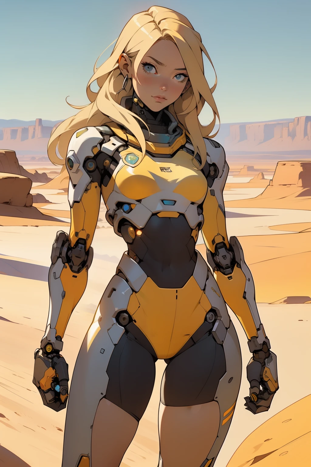 high quality, 4k, masterpiece, beautiful, cyborg girl, cowboy shot, dull eyes, front, looking at viewer, long blonde hair, girl, small breasts, fit thighs, robotic arms, robotic body, cyborg body, white & yellow uniform, orange accent, intricate detail, joint, detailed lines, robotic detail, holding fist up, holding hand up as fist, color robotic parts, robotic parts with color, perfect fingers, on a desert planet, sunny background, colorful desert, a river or a lake in the background, slender thighs, skinny thighs,
