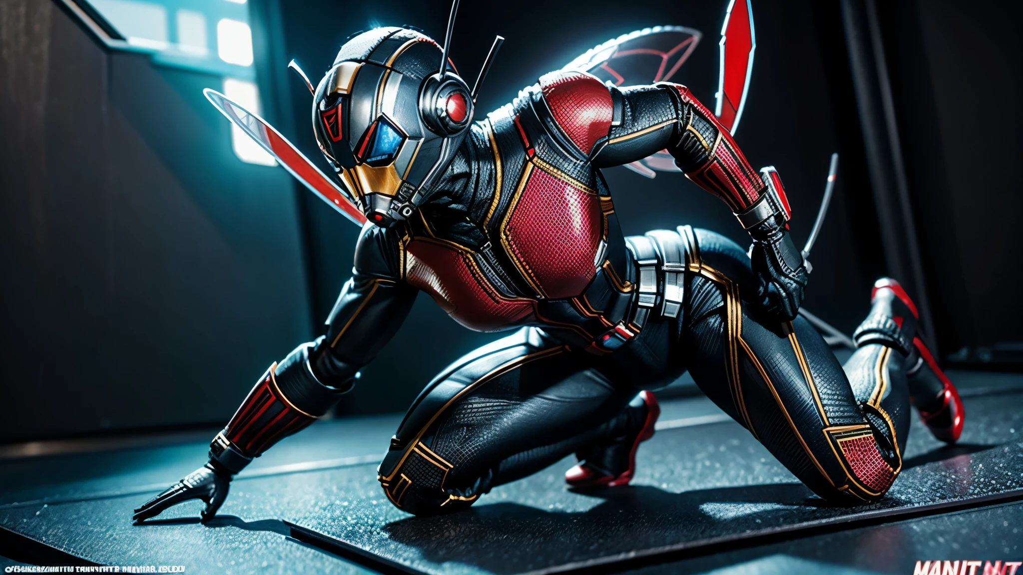One (1) custom display base, Statue of the character Statue of the character ANT-MAN - 1/6TH SCALE COLLECTIBLE - ANT-MAN AND THE WASP: QUANTUMANIA - HOT TOYS Action Figure - 1/4 - EXHIBIT PIECE - Vibrant Cinematic 3D Render Material: PVC & Fabric