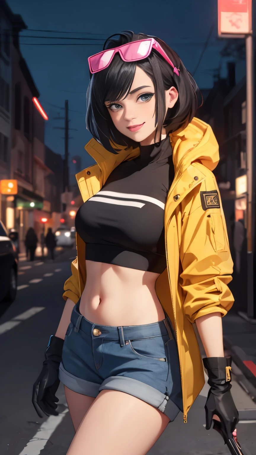 (Highly quality, masterpiece, detailed), night city detailed scenario, night city detailed background, solo, jubilee, black hair, pink crop top, raincoat, jean shorts, blue gloves, eyewear on head, smirk, navel, perfect face, beautiful eyes, looking at the viewer, Sexy pose