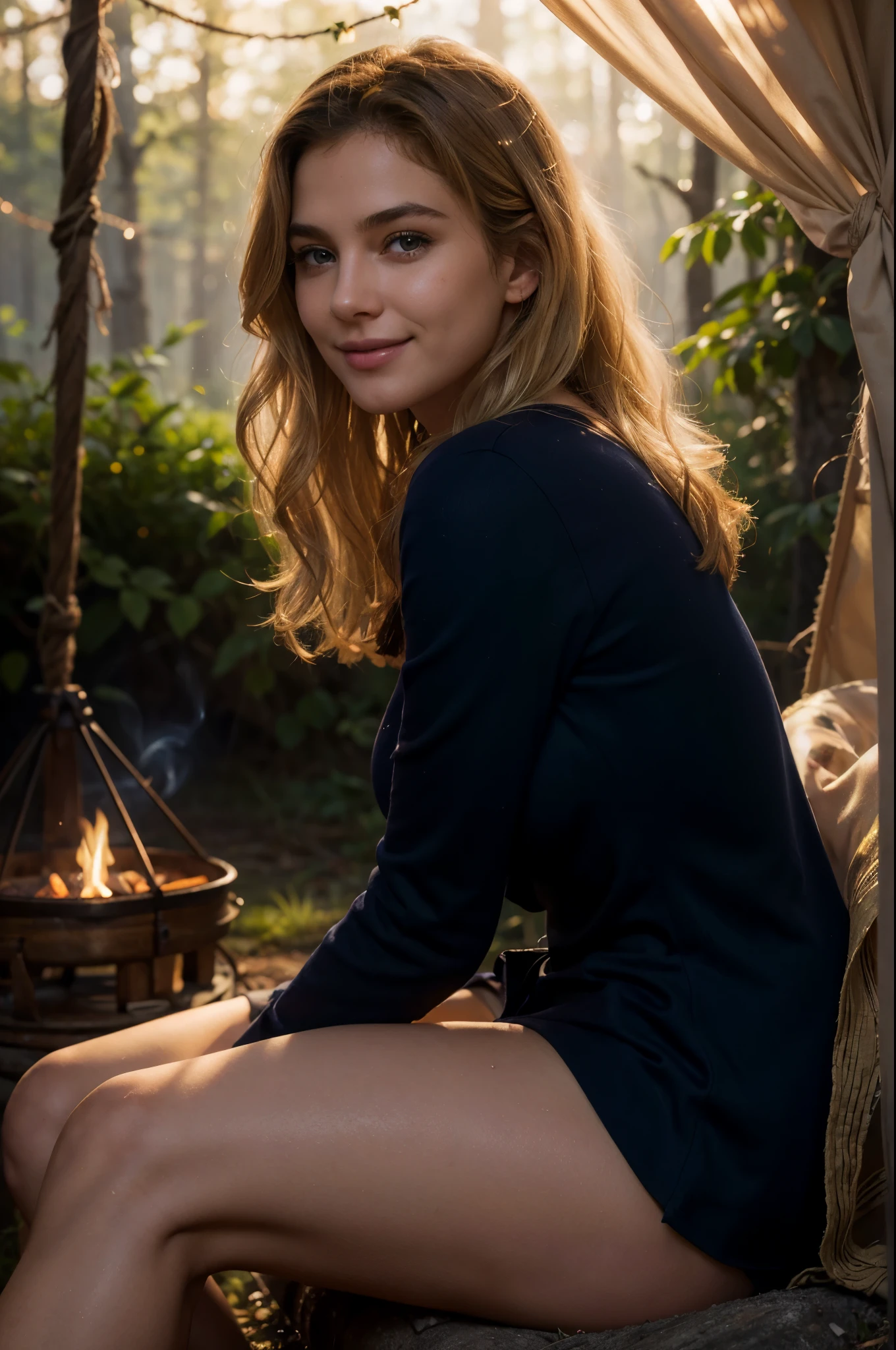 masterpiece, best quality, extremely detailed, hyperrealistic, photorealistic, a beautiful 20s french model, in the night:1.2, warm hue, warm tone, navy long sleeve shirt:1.2, with stars and milky way trails:1.1, sitting near campfire, in forest, real steam visible, smoke, shadows, tent, ultra detailed face, wavy hair, blonde hair, pale skin, busty breasts, joyful smile:1.1, dynamic pose
