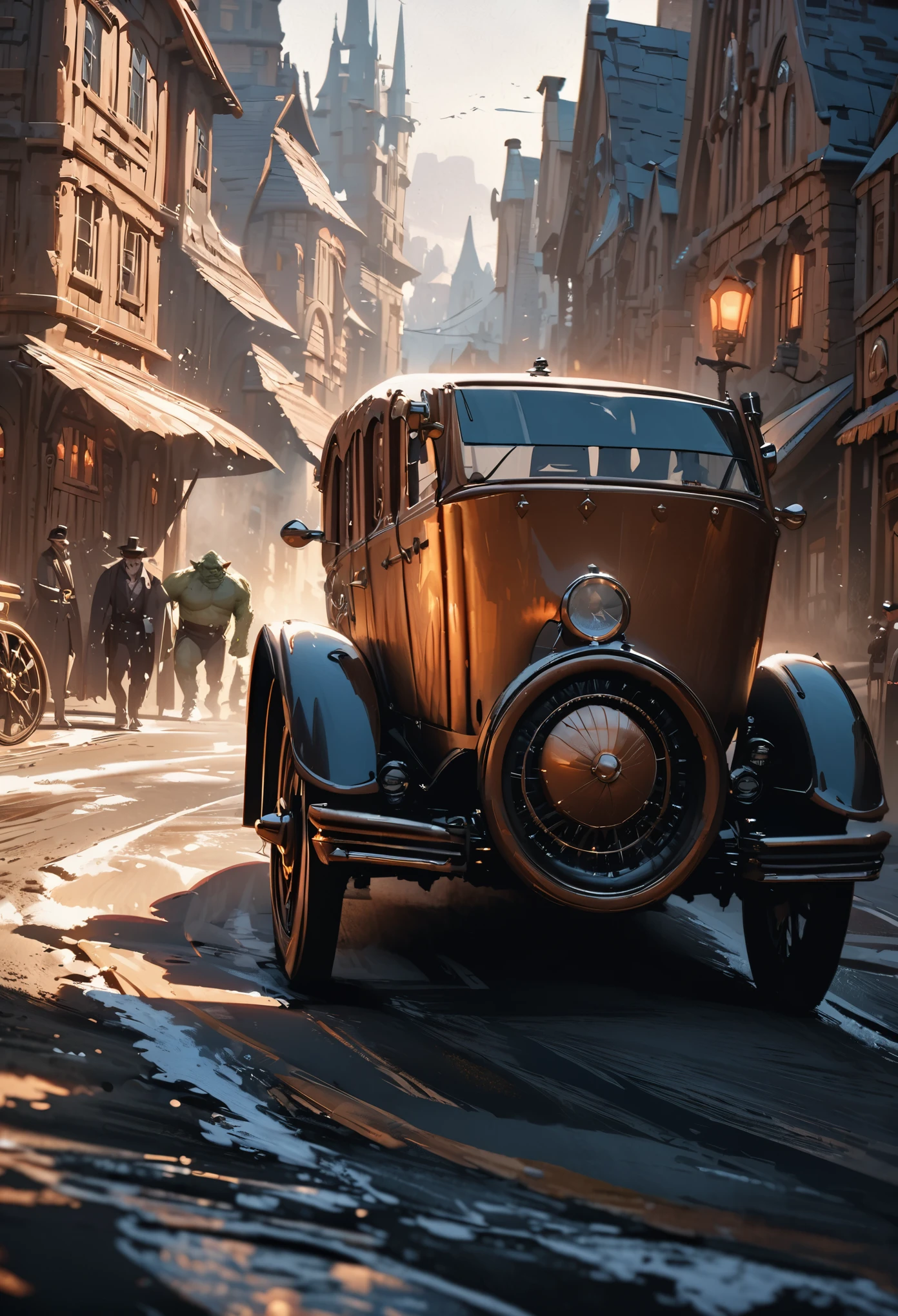 Perspective from a window looking out, western magic city with wooden spire houses across the street, an orc walking towards the distance, a steampunk car on the side of the road
Best quality, beautiful images, extreme detail, masterpiece, cinematic light, masterpiece, impasto