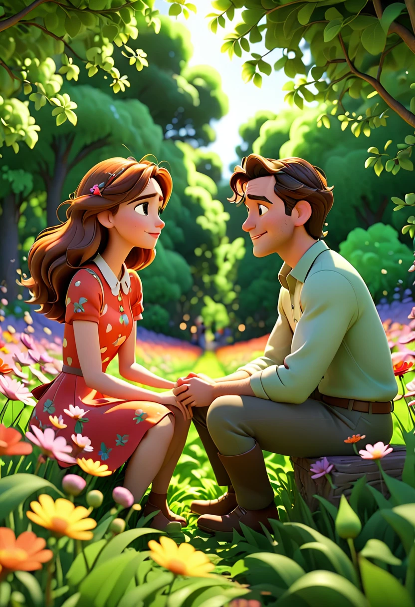 Man with a woman sitting facing each other in a flower field full of leafy trees, animation character, Stylized character, animation style rendering, stylized 3D, Arnold Maya rendering, stylized 3D rendering, rendering screenshot toon, 3D Character, 3D Character, Stylized 3D Rendering, 3D Character Rendering, cartoon character, Close up Character, Character Pose, (Pixar Style) (master part:1.2) (Bokeh) (best quality) ( detailed skin) (detailed texture) (8k) (clay) (cinematic lighting) (sharp focus