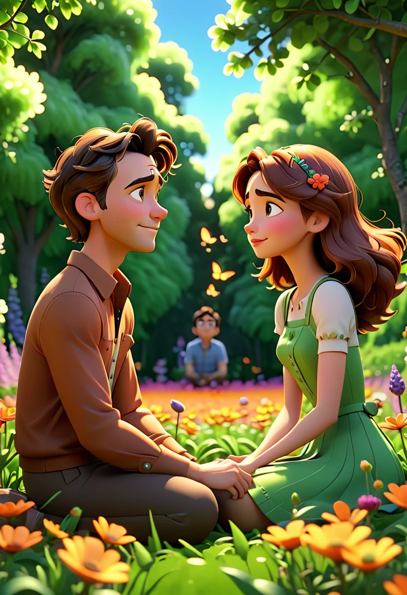 Man with a woman sitting facing each other in a flower field full of leafy trees, animation character, Stylized character, animation style rendering, stylized 3D, Arnold Maya rendering, stylized 3D rendering, rendering screenshot toon, 3D Character, 3D Character, Stylized 3D Rendering, 3D Character Rendering, cartoon character, Close up Character, Character Pose, (Pixar Style) (master part:1.2) (Bokeh) (best quality) ( detailed skin) (detailed texture) (8k) (clay) (cinematic lighting) (sharp focus