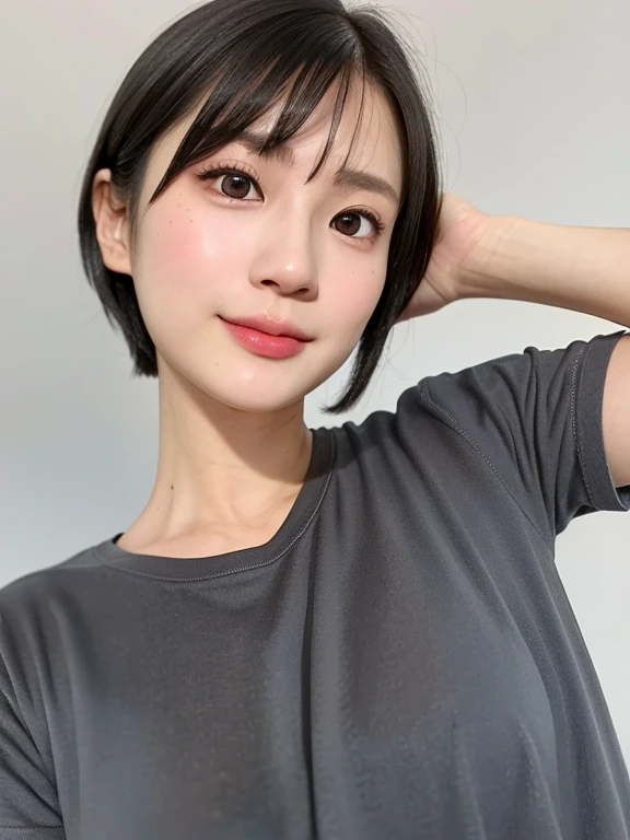 (kawaii 24 year-old Japanese girl, Nogizaka idol, Korean idol), (glossy black hair, messy very short hair, messy pixie cut, symmetric hair length, even length hair edges:1.3), (forehead), (extra rounded face, black eyes, single eyelid, no makeup, soft smiling:1.2), (wearing light blue t-shirt:1.3), (flat chest, extra small breasts:0.8), (looking at viewer:1.2), BREAK, (simple white background:1.3), (angle from below, portrait:1.3), BREAK, (masterpiece, best quality, photo realistic, official art:1.4), (UHD, 8K quality wallpaper, high resolution, raw photo, golden ratio:1.2), (shiny skin), professional lighting, physically based rendering, award winning, (perfect anatomy, highly detailed skin, extremely detailed face and eyes), Carl Zeiss 85 mm F/1.4, depth of field, 1girl, solo,
