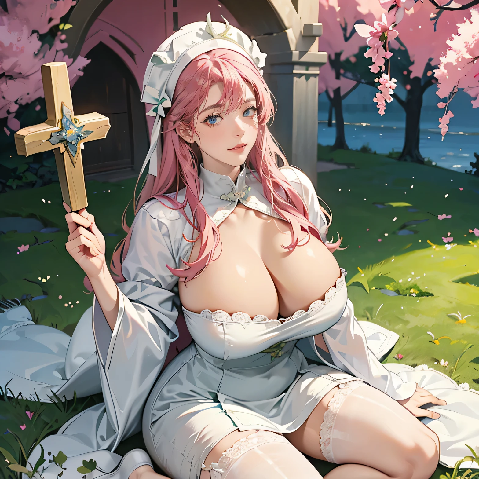 Women's 20s, Fantasy、official art, 8k unit wallpaper, ultra detailed, beautifully、aesthetic, masterpiece, premium quality, Photorealistic、White magician、Healer、Healing magic、recovery magic、Wrapped in green light、saint a girl、White clothes with cross design、angelical、the presence of wings on the back、crosses、white underwear、Thighs seen through the slit、long pink hair、the vast meadow、Green tree、Green tree々、majestic view、Castle can be seen on the top of the mountain、depth of fields, fantastic atmosphere, calm palette, tranquil mood, soft shading、very large chest、chubby figure、Small white birds flock、Healer's wand: 2. 0、Staff with green orbs、Dresses with long hemlines、deep slit、huge breasts、Cross patterned hats、white cap、thick tight、white lace stockings、white garter belt、plump figure、silver pewter staff、healer wand、long staff, big ass, MILF, thick thighs, green eyes.