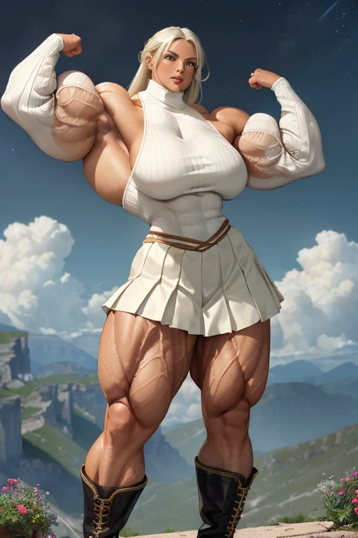 mimosa Vermillion, Women, Charm, defined body, big breasts, small waist, defined abdomen, thin arms, sexy arms, noodle arms, six pack, very high, huge butt, muscular legs, huge legs, wide legs, exaggeratedly muscular legs, long legs, barefoot, white monk clothes, arms in fighting position, Relaxed arms, bare arms, sexy legs, big breasts seductores, one foot on the ground, kicking in the air, in a mountain, many stones destroyed, alone, excessive sweat 