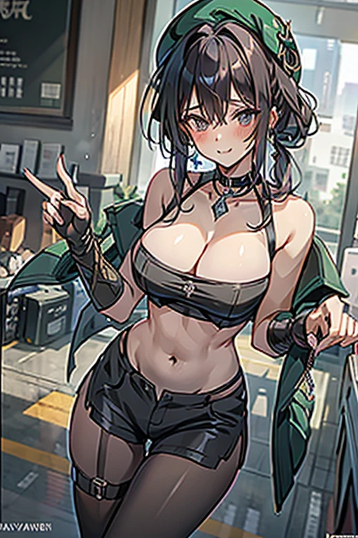 ubel,((ubel of Frieren: Beyond Journey's End )),dark green hair,long hair,side ponytail,hair between eyes,bangs, BREAK (beret, black jacket, open clothes, cleavage, midriff, black shorts, black thighhighs, thigh strap, fingerless gloves, single glove:1.2) ,(*K) HD, highest quality, WorKs of masters, High resolution, spread legs, panties shot,1 girl, small nose,(with sparkling eyes and a contagious smile), very beautiful detailed face and eyes, bright colors, cute face, delicate beautiful face, Bright magenta eyes, cute eyes, sparkling eyes, Big eyes, (big breasts:1.3), (perky chest:1.1), (pointed chest:1.0), medium hips, glamorous body, white skin, smile, thin pubric hair, shiny hair, super beautiful face, Super beautiful eyes, Super beautiful hair,trendy outfit,magazine cover,sexy and attractive,explosion of colors,BlacK color hair,big hairpin,full body esbian,illegal occupation, Real World, Natural light,perfect Natural light,looking at viewer,