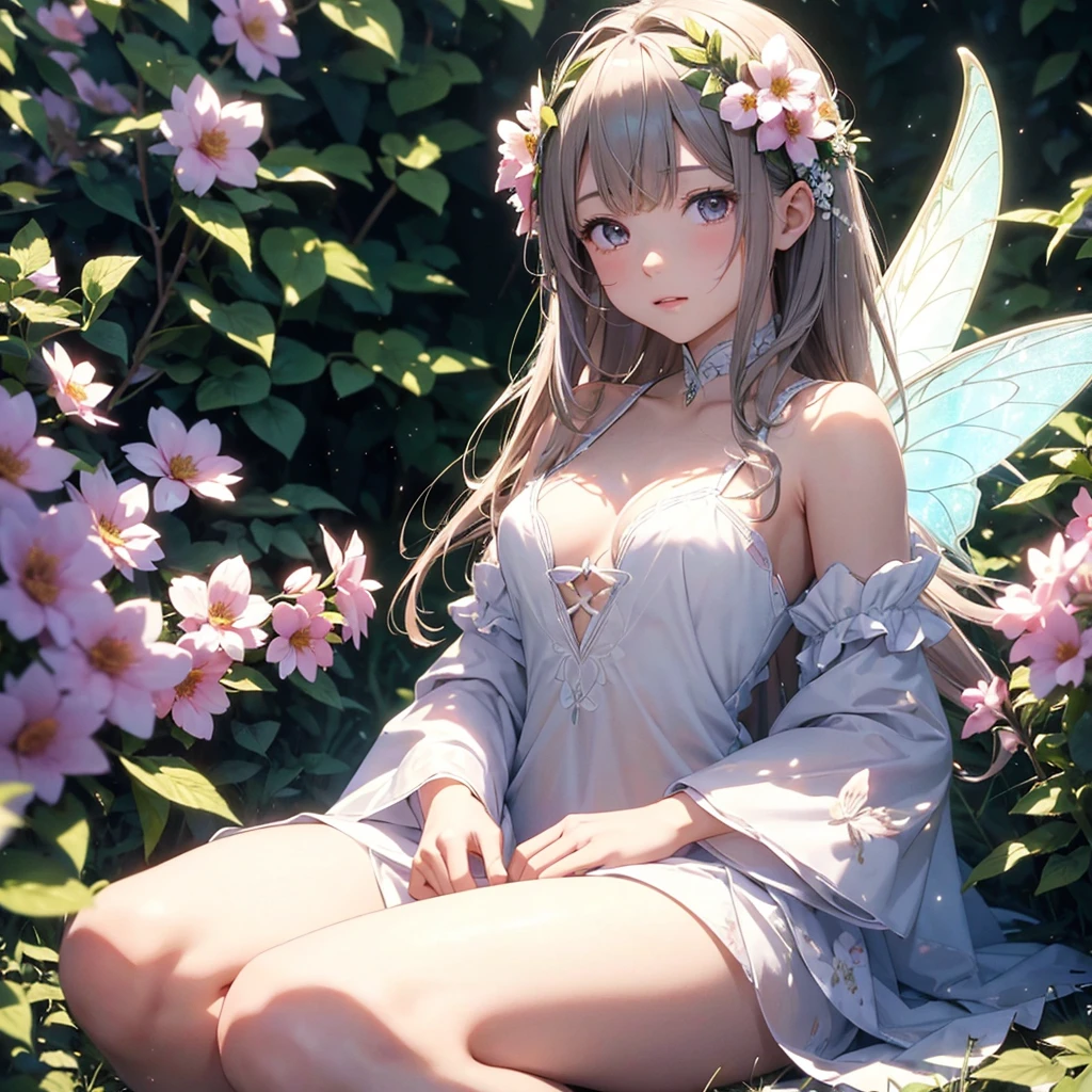 Flower Fairy、Flowers々Surrounded by、About the size of flowers、About the size of butterflies、A girl with beautiful, symmetrical, transparent and shiny wings on her back.、離陸時にShine鱗が飛ぶ、sitting on flowers、Highly detailed background，Realistic，Ultra-detailed，Highly detailed skin，Shine，Film Grain，According to II，Lens flare，sharp，Shadows in the movie