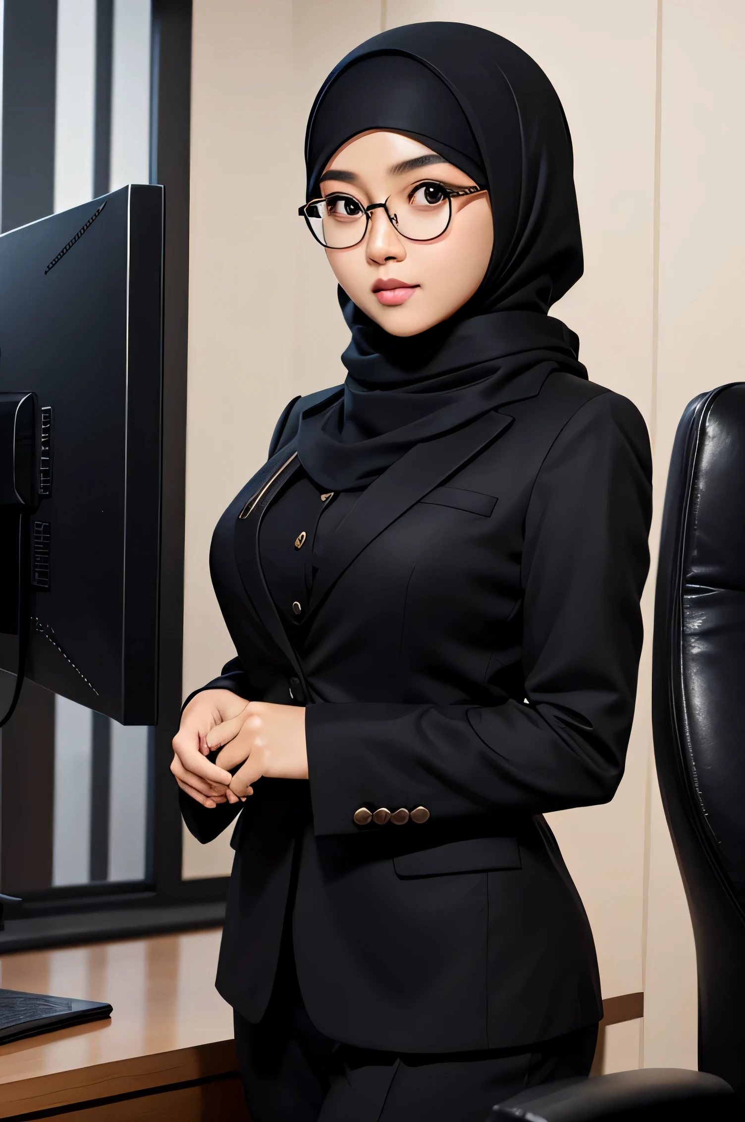 detailed face of half body photo. 25 year old Indonesian girl with a sweet  face,  big  round face and  round glasses,  wearing a black hijab and neat suit in a luxurious office