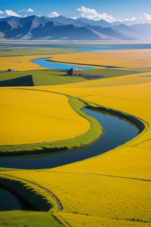 (melhor qualidade), 4K, Landscape Illustration, Qinghai, Templo de Thar, Flor de Canola Menyuan, Lago Qinghai, Montanha Kunlun, Amante de viagens