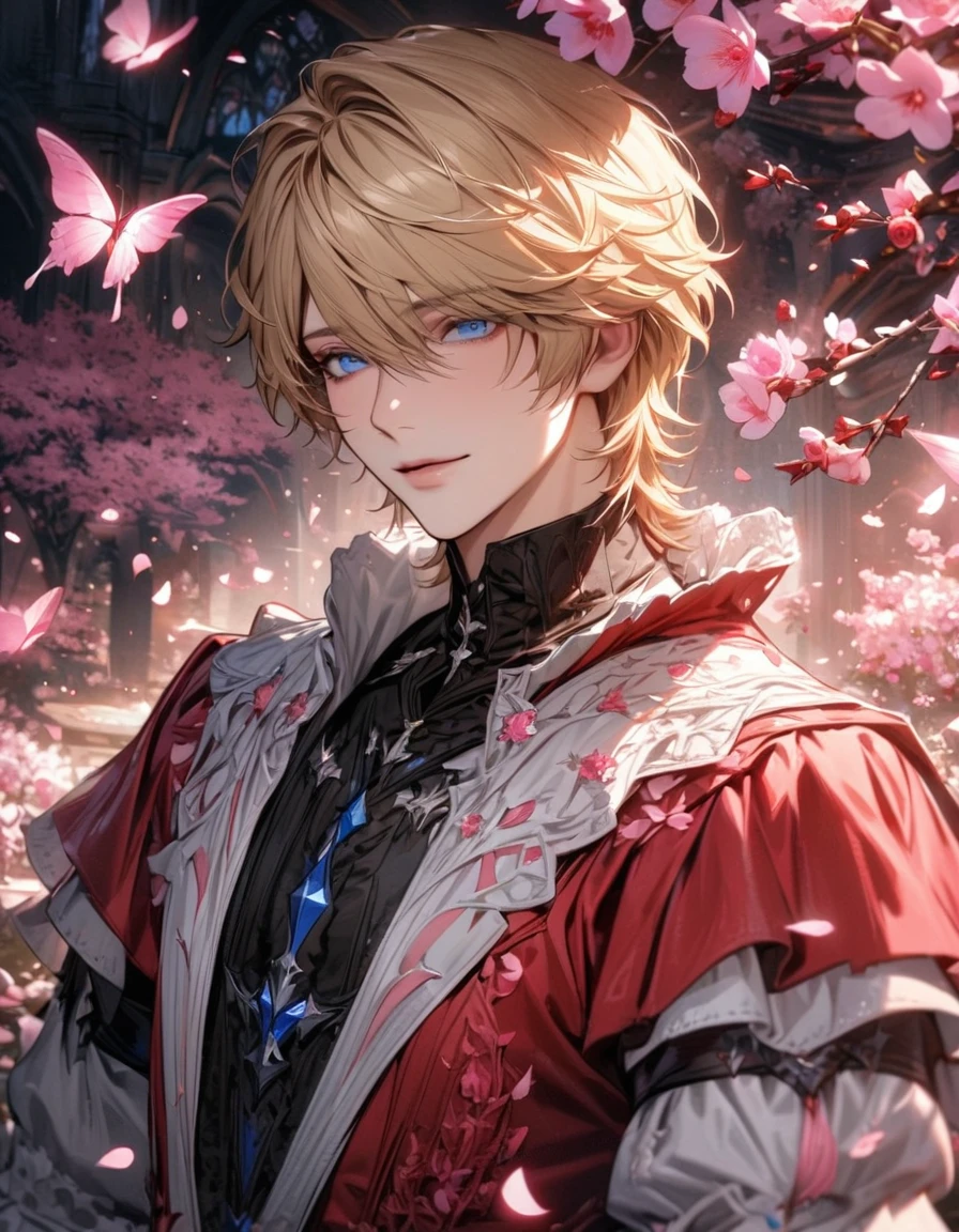absurdres, highres, ultra detailed, HDR, master piece, best quality, Joshua Rosfield, blond hair, expressive blue eyes, Final Fantasy XVI, 1man, handsome, black and red clothes, pink petals, pink butterflies, pink flowers, pink butterflies, blossoms