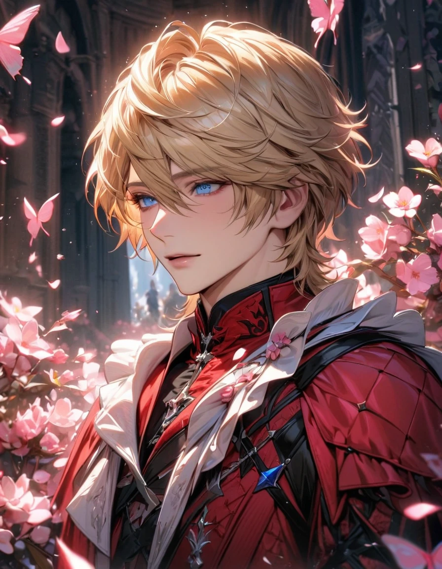 absurdres, highres, ultra detailed, HDR, master piece, best quality, Joshua Rosfield, blond hair, expressive blue eyes, Final Fantasy XVI, 1man, handsome, black and red clothes, pink petals, pink butterflies, pink flowers, pink butterflies, blossoms