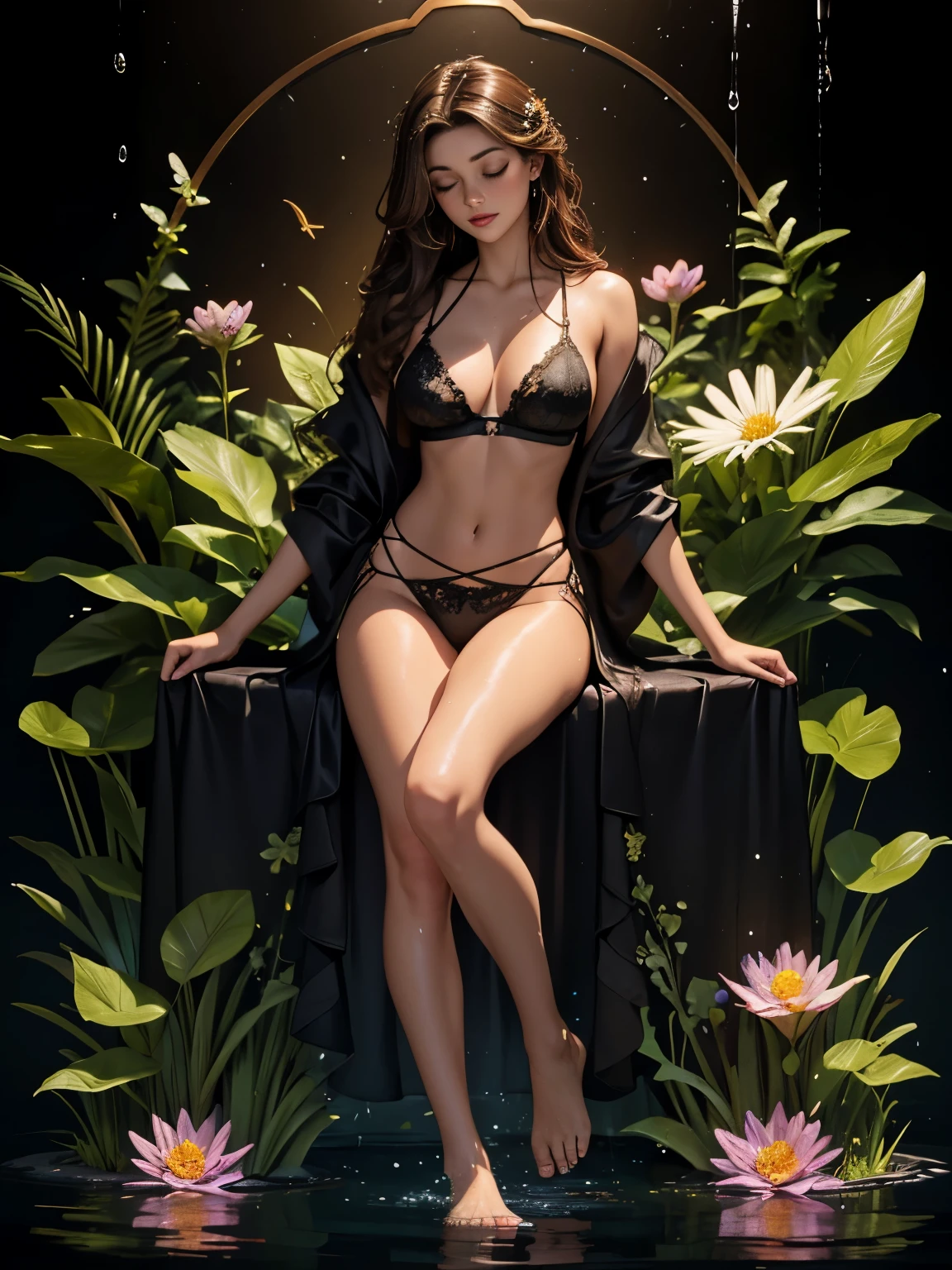 3D abstract shape of an intertwining of wild flowers and a sleeping woman with long brown hair, foliage and flowers combined, black light emitting background, black liquid pond background, full female body, high relief, splash, bronze hummingbird, lady sleeping, full body, colibri, tunic fused in water, wet skin, transparent robe, translucent robe, Latina brunette woman with black bra