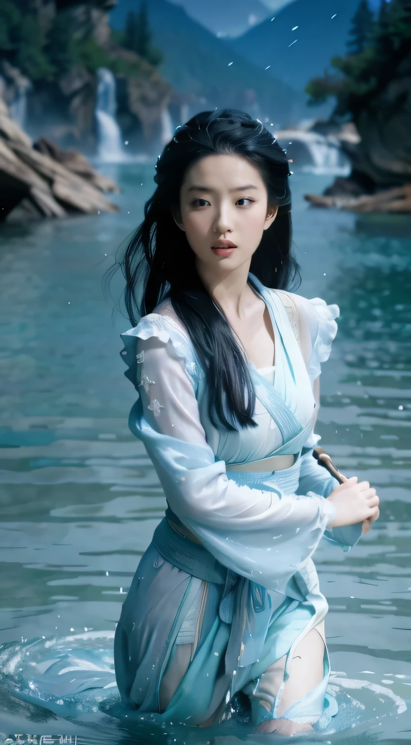 (extremely detailed CG unity 8k wallpaper,masterpiece, best quality, ultra-detailed),(incredible lighting, dynamic camera angle),blue water splashing,stream, flowing water, beautiful girl with long black hair, elegant wuxia dress,watercolor, 70's retro filter.