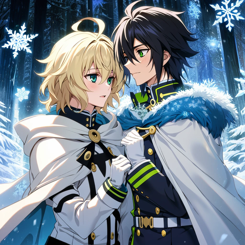 Ultra detailed, high-res, absurdres, HDR, Mikaela Hyakuya, wavy blond hair, blue eyes, Yuu Hyakuya, black hair, green eyes, Owari No Seraph, ice forest, snowflakes, flowers, two man together, gay couple, handsome, cape, white gloves