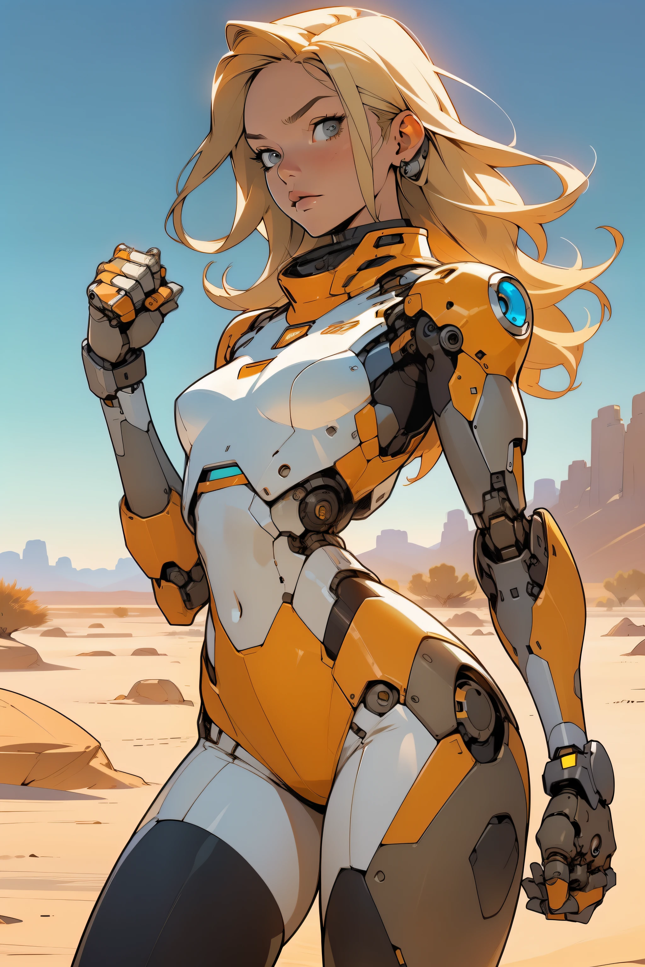 high quality, 4k, masterpiece, beautiful, cyborg girl, cowboy shot, dull eyes, front, looking at viewer, long blonde hair, girl, small breasts, fit thighs, robotic arms, robotic body, cyborg body, white & yellow uniform, orange accent, intricate detail, joint, detailed lines, robotic detail, holding fist up, holding hand up as fist, color robotic parts, robotic parts with color, perfect fingers, on a desert planet, sunny background, colorful desert, a river or a lake in the background, slender thighs, skinny thighs,