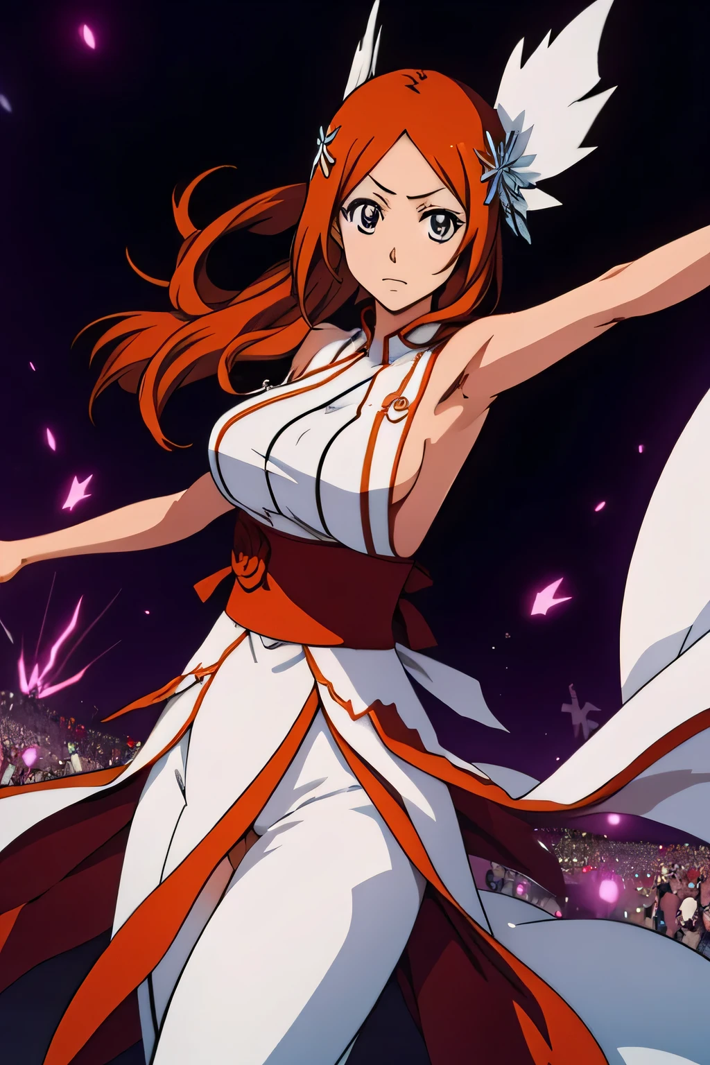 1 woman, orihime inoue, ((detailed eyes:1.2)), wearing transparent miko outfit, nsfw, sexy, sensual, sleeveless, sideboob, masterpiece, top quality, best quality, official art, beautiful and aesthetic:1.2), extreme detailed, colorful, highest detailed