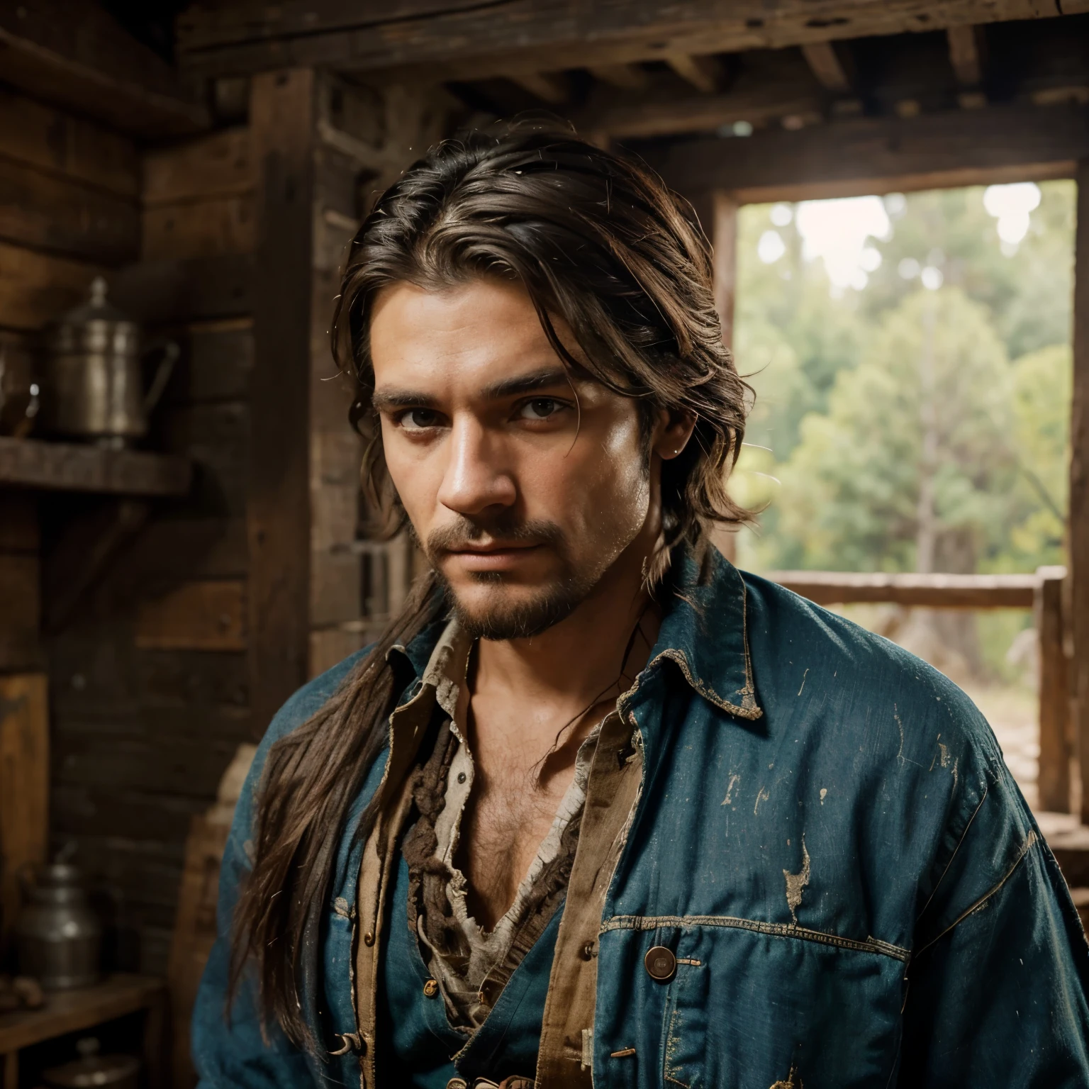 A rugged cowboy character in 17th century clothing is depicted in impressive detail. This fascinating painting shows the rough and weathered features of 28-year-old Nathaniel.,his strong jaw, ojos penetrantes de color azul, y el pelo oscuro despeinado llega hasta por debajo de sus orejas.. The artist skillfully captures the authenticity of the character., con cada pliegue y arruga renderizado por expertos, Adding depth and realism to the image. Vibrant, rich colors bring the scene to life while creating a tangible sense of the immersive environment.This charming work of art magnificently displays the high caliber of the image through its intricate details and masterful execution...