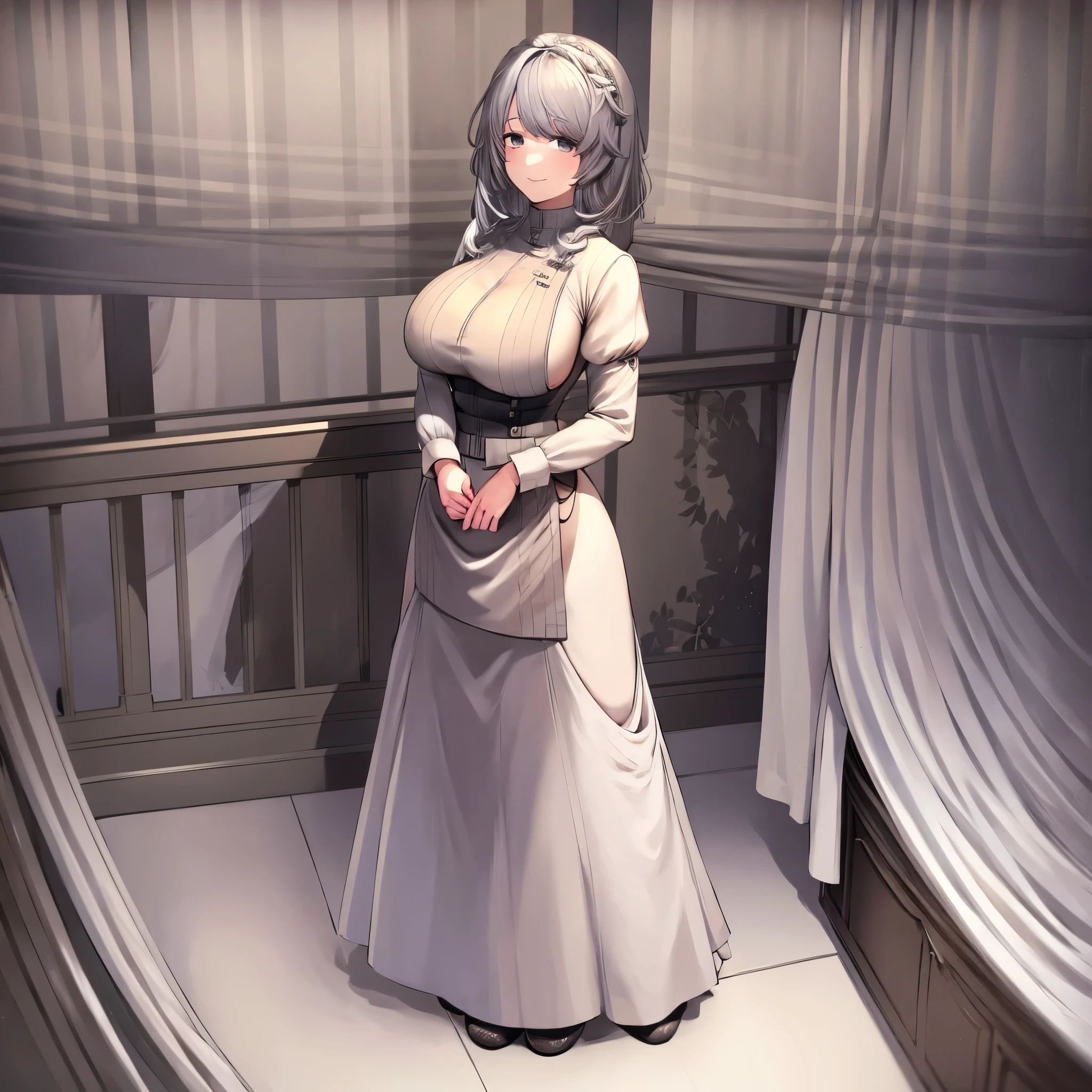 A woman wearing a maid's uniform, on the balcony of a modern house, overlooking a garden, trees around, medium gray hair, gray eyes, smiling, big breasts, full body, smiling, full body,HDR, masterpiece, well defined, ultra resolution, high quality, 8k HD. (just a woman, solo)
