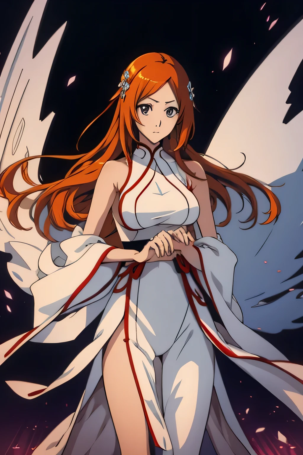 1 woman, orihime inoue, ((detailed eyes:1.2)), wearing transparent miko outfit, nsfw, sexy, sensual, sleeveless, sideboob, masterpiece, top quality, best quality, official art, beautiful and aesthetic:1.2), extreme detailed, colorful, highest detailed