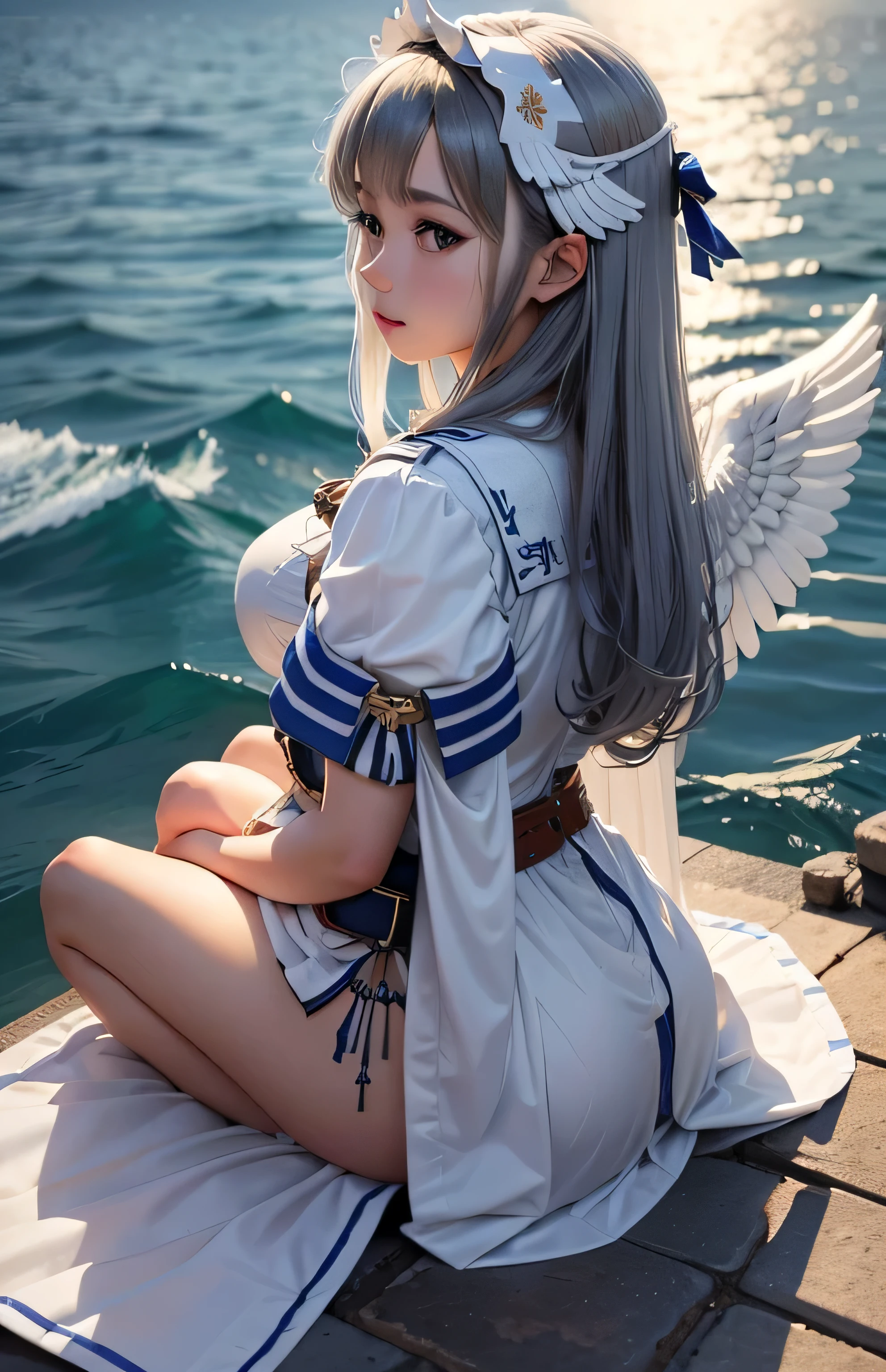 Greek warships、She has the white wings of an angel on her back、white see-through dress