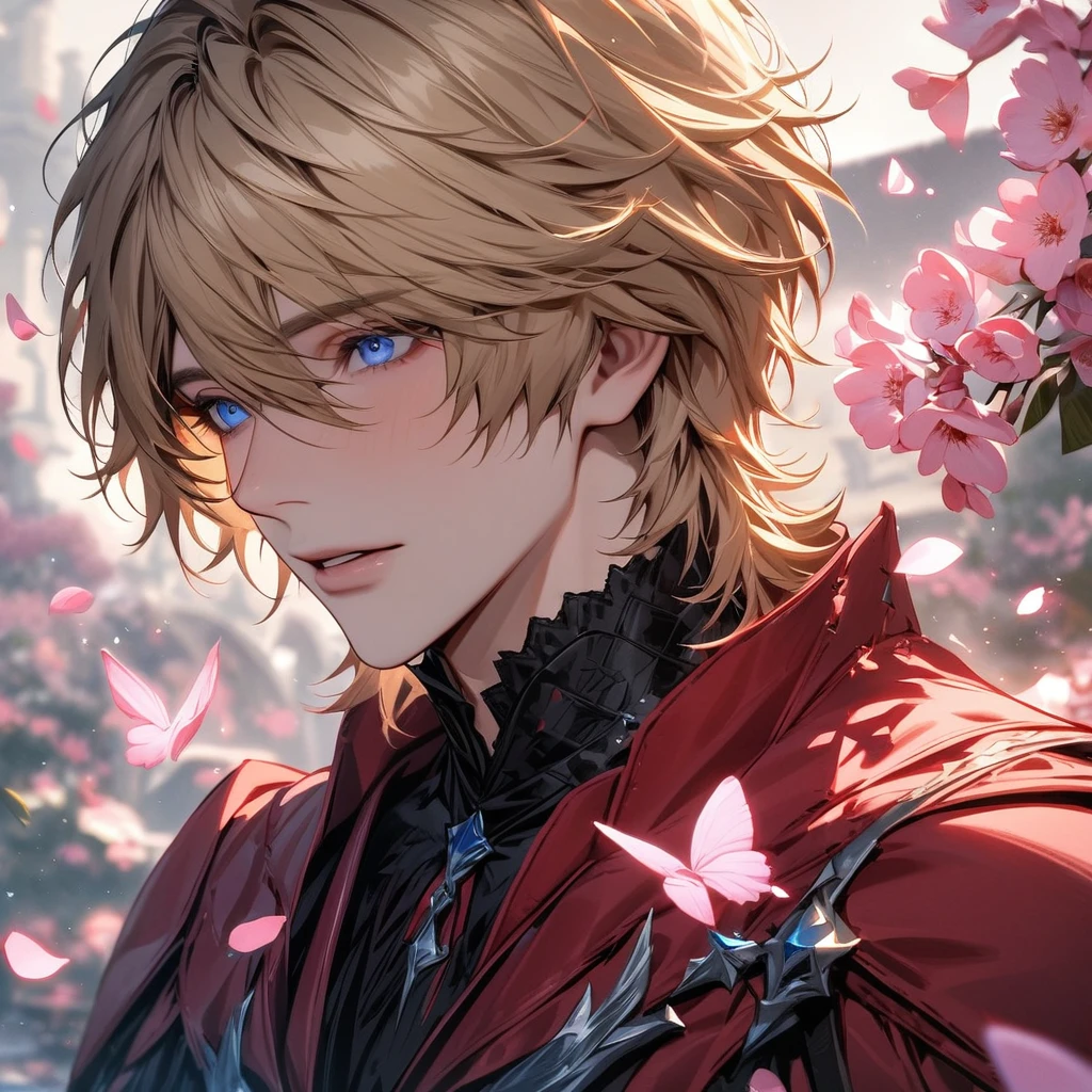 absurdres, highres, ultra detailed, HDR, master piece, best quality, Joshua Rosfield, blond hair, expressive blue eyes, Final Fantasy XVI, 1man, handsome, black and red clothes, pink petals, pink butterflies, pink flowers, pink butterflies, blossoms