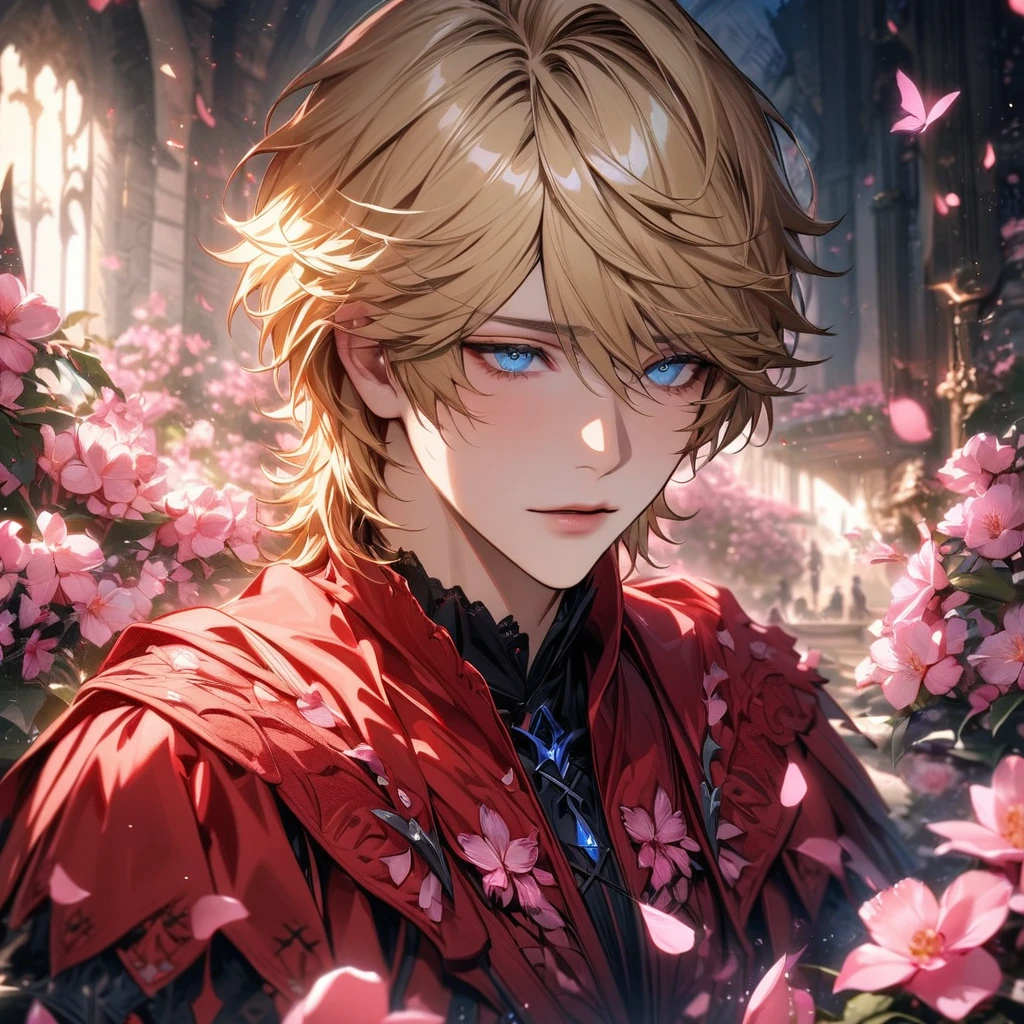 absurdres, highres, ultra detailed, HDR, master piece, best quality, Joshua Rosfield, blond hair, expressive blue eyes, Final Fantasy XVI, 1man, handsome, black and red clothes, pink petals, pink butterflies, pink flowers, pink butterflies, blossoms