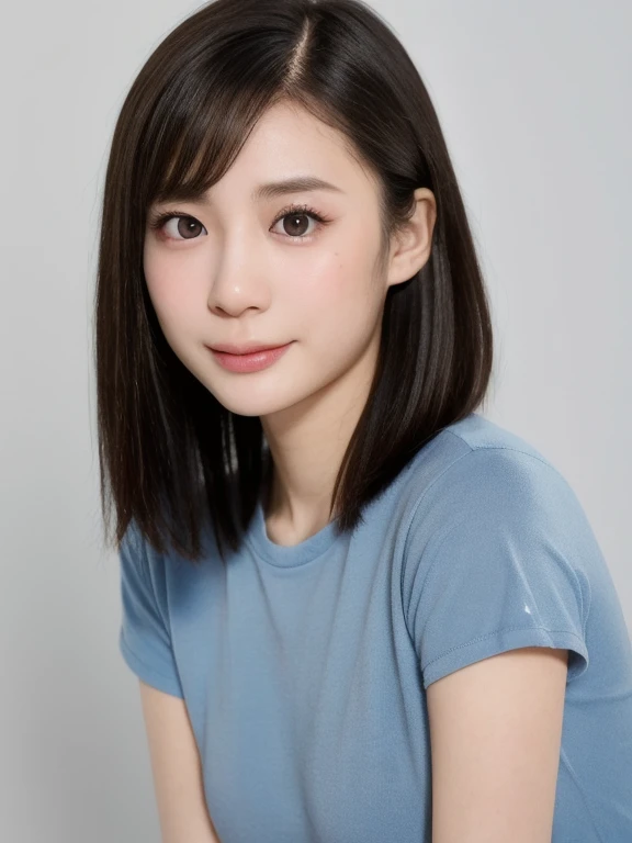 (kawaii 24 year-old Japanese girl, Nogizaka idol, Korean idol), (glossy black hair, messy very short hair, messy pixie cut, symmetric hair length, even length hair edges:1.3), (forehead), (extra rounded face, black eyes, single eyelid, no makeup, soft smiling:1.2), (wearing light blue t-shirt:1.3), (flat chest, extra small breasts:0.8), (looking at viewer:1.2), BREAK, (simple white background:1.3), (angle from below, portrait:1.3), BREAK, (masterpiece, best quality, photo realistic, official art:1.4), (UHD, 8K quality wallpaper, high resolution, raw photo, golden ratio:1.2), (shiny skin), professional lighting, physically based rendering, award winning, (perfect anatomy, highly detailed skin, extremely detailed face and eyes), Carl Zeiss 85 mm F/1.4, depth of field, 1girl, solo,