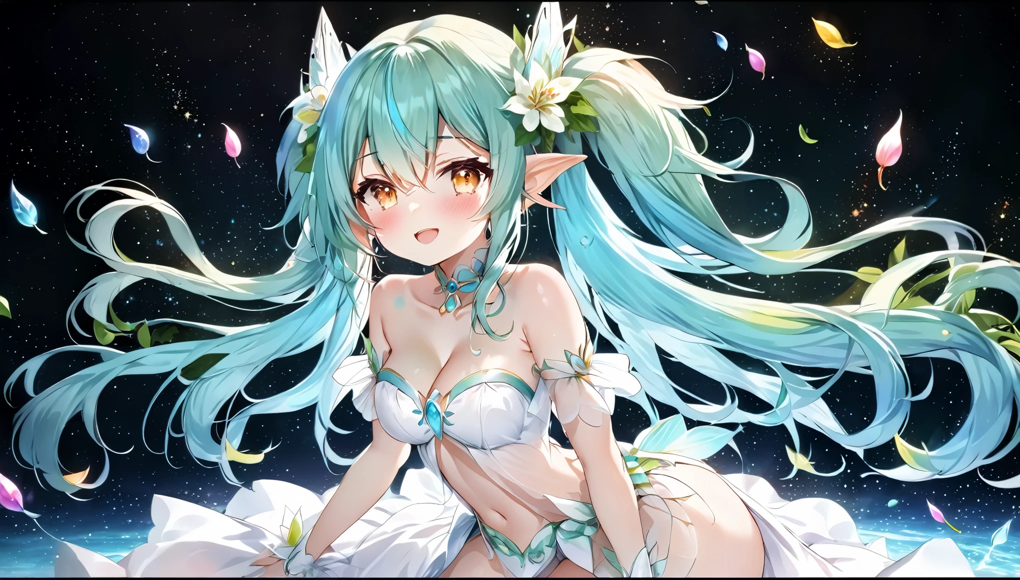 (masterpiece, highest resolution,highest quality ), 1 elven girl, ( bare breasts, thigh), (aqua hair, twin tails ,very long hair , floating hair ), full body, hand on hip ,hair between eyes, multi colored hair, hair flower ornament ,(blush, smile, close eyes), close mouth, party dress, white dress , strapless dress, (Open the front of the dress chest very wide), large breasts, pointed ears, ((simple background, black background))