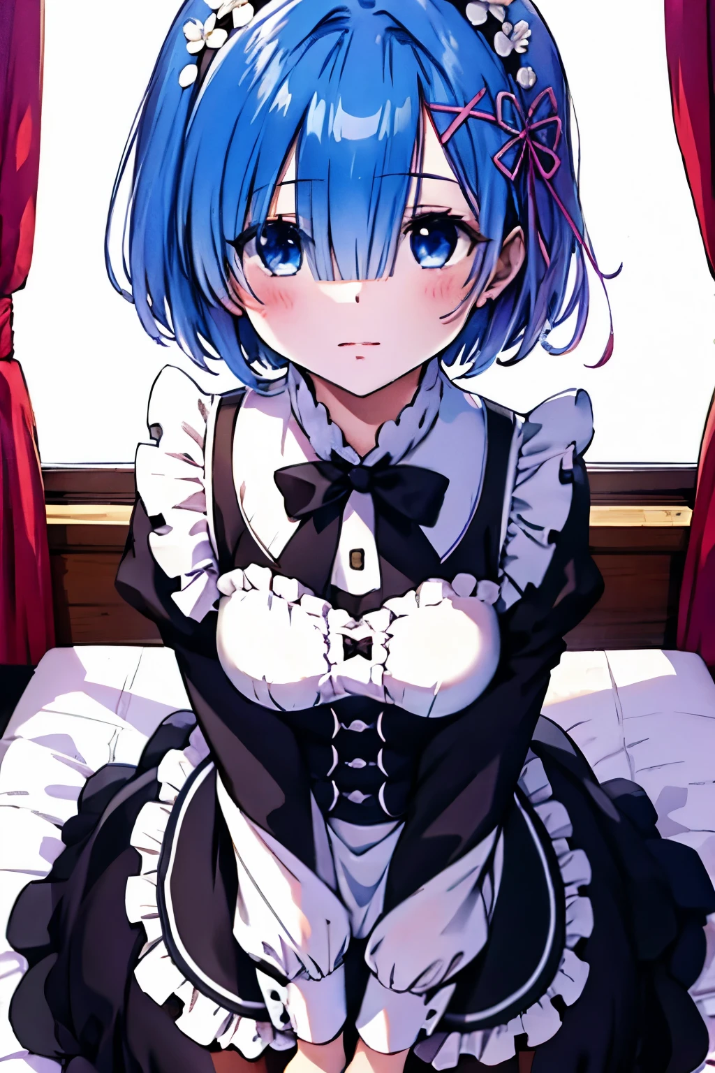 1 girl, in fact: zero, Sensual body, Sexy Girls,masterpiece, highest quality, High Resolution, Rem 1, One girl, solo, skirt\(Again:zero\), Blue Hair, White thighs, Short Hair, blue eyes, Hair above one eye, Ribbon trim, Hair Ribbon, ×Hair accessories, Frills, Maid HeaddAgainss, waist apron, Garter Straps, Black Ribbon, , Long sleeve, White apron, tie a ribbon around the neck, purple ribbon, Wide sleeves, Flowers in hair missionary position