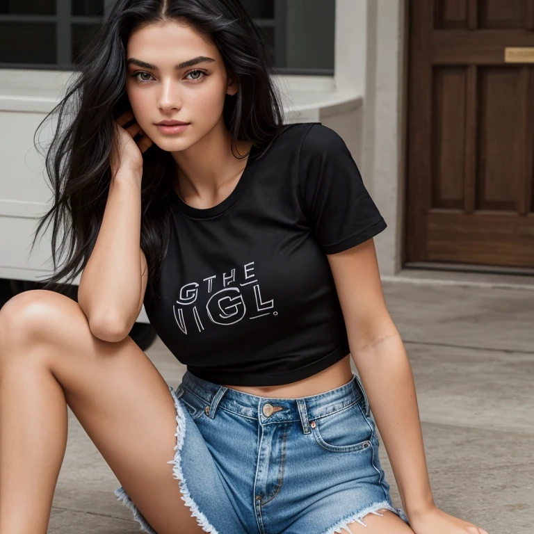 girl, beautiful, teenager, black hair, blue eyes, Black top, Black denim shorts, Isis Valverde's face