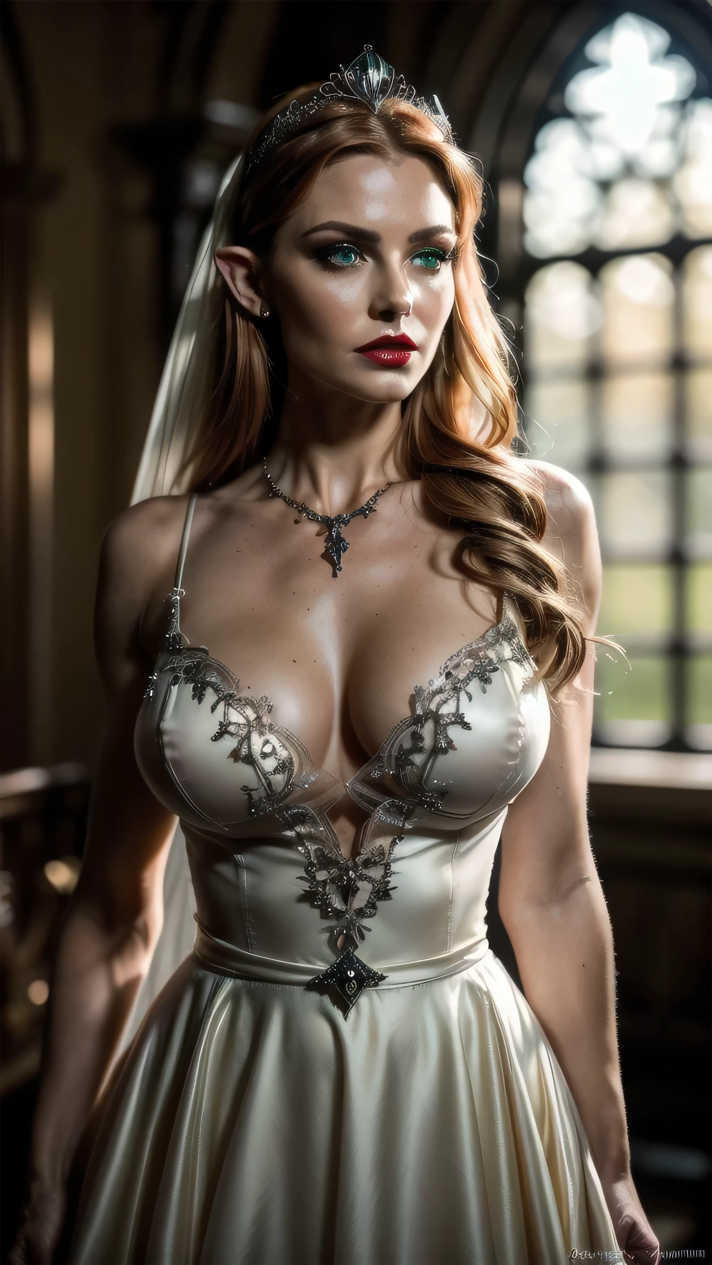 (masterpiece), (extremely intricate:1.3), (realistic), portrait of a muscular girl, ((((detailed mature 40year elven woman, ((blackout gothic eye makeup, red lips, strong square cleft chin, arrogant, [small breasts:medium breasts:0.8]), diamond tiara, golden hour, clear green eyes, long straight ginger hair, wedding dress, tanned skin)), emerald necklace)), freckles: 1.0), metal reflections, upper body, outdoors, intense sunlight, far away castle, professional photograph of a stunning woman detailed, sharp focus, dramatic, award winning, cinematic lighting, volumetrics dtx, (film grain, blurry background, blurry foreground, bokeh, depth of field, sunset, interaction), 8K