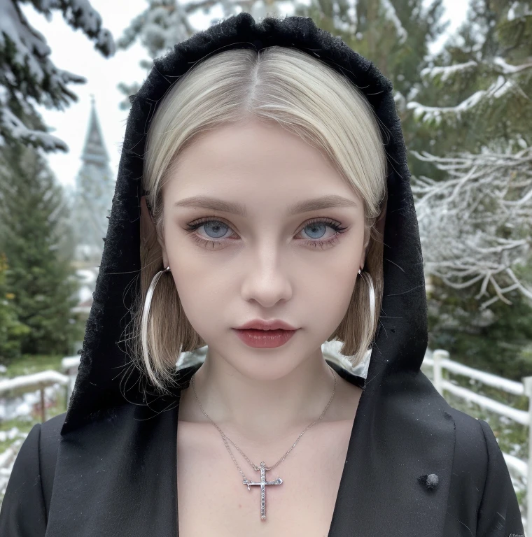 1 miniature Beautiful beautiful woman - Yuan Sayuki, ((top quality, 8K, Masterpiece:1.retty woman, 1 woman, huge breasts:1.3, a slim body:1.1, lush white short hair, (shower, wet body, wet clothes:1.1), very detailed face, detailed lips, detailed eyes, double eyelids, Detailed blue eyes, чрезвычайно Detailed Outstanding Blue Eyes, short white wet hair, white wet hair, Detailed Outstanding Blue Eyes, innocent look at the viewer, very wet wavy white hair, Detailed Outstanding Blue Eyes, huge cross earrings, Outdoors, badges behind, gothic wedding uniform, sexy gothic style wedding dress with veil, bare chest, huge chest tattoo wearing a wreath, detailed huge catholic cross earrings, chest tattoo, Outside - there are trees and a buddhist temple in the background (mountain vicinity), wear a silver cross (Detailed cross shape), reality mode, wet breasts, black necklace, black wedding dress and black veil, human crowd behind, head/forehead chain veil, black latex gloves, naked breasts, naked breasts, naked nipples, hair of white snowy colour, night time, red neon lights, demonic nun, nimbus (golden lighting ring above her head), angel, snowy weather, Detailed buddhist temple behind