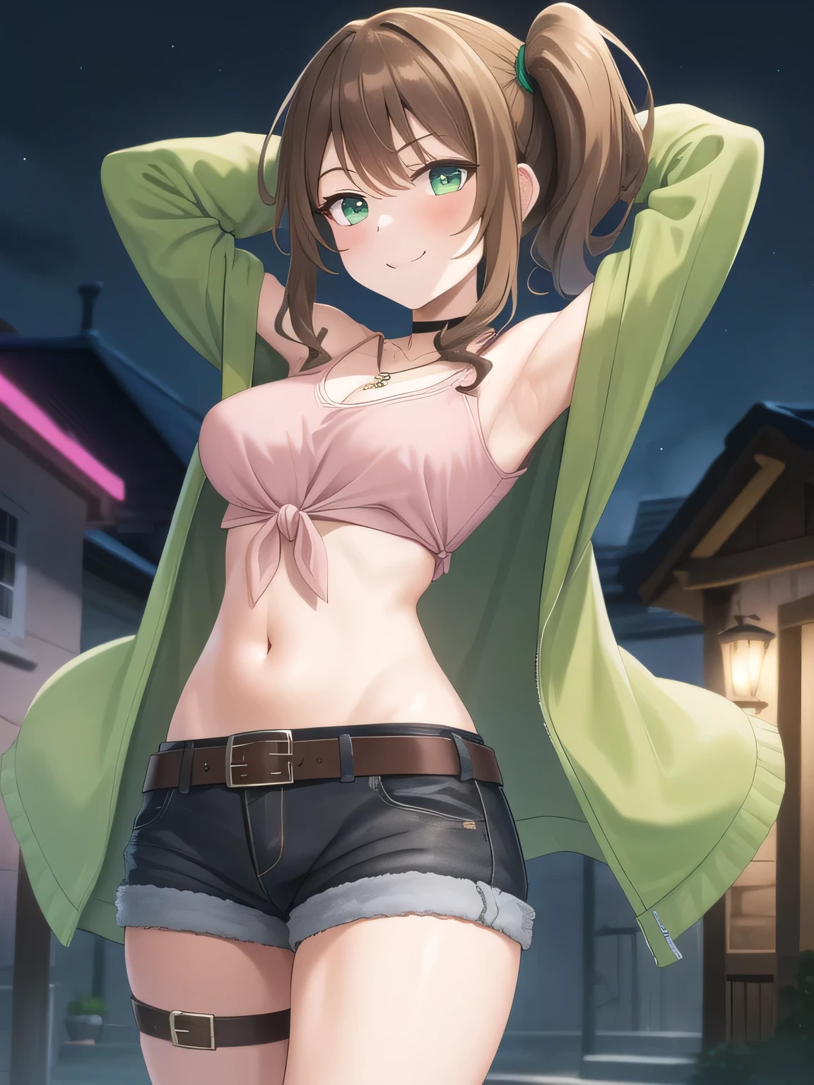 (masterpiece, best quality:1.2),illustration,8k,hd,1girl,solo, green eyes,side ponytail,brown hair,jacket,tied shirt,pink shirt,belt,choker,long hair,midriff,necklace,jewelry,off shoulder,green jacket,denim shorts,breasts,long sleeves,black shorts,black choker,bangs, solo, night sky, forest, arms behind head, contrapposto, spread armpits, closed mouth, smile, (cowboy shot:1.5)