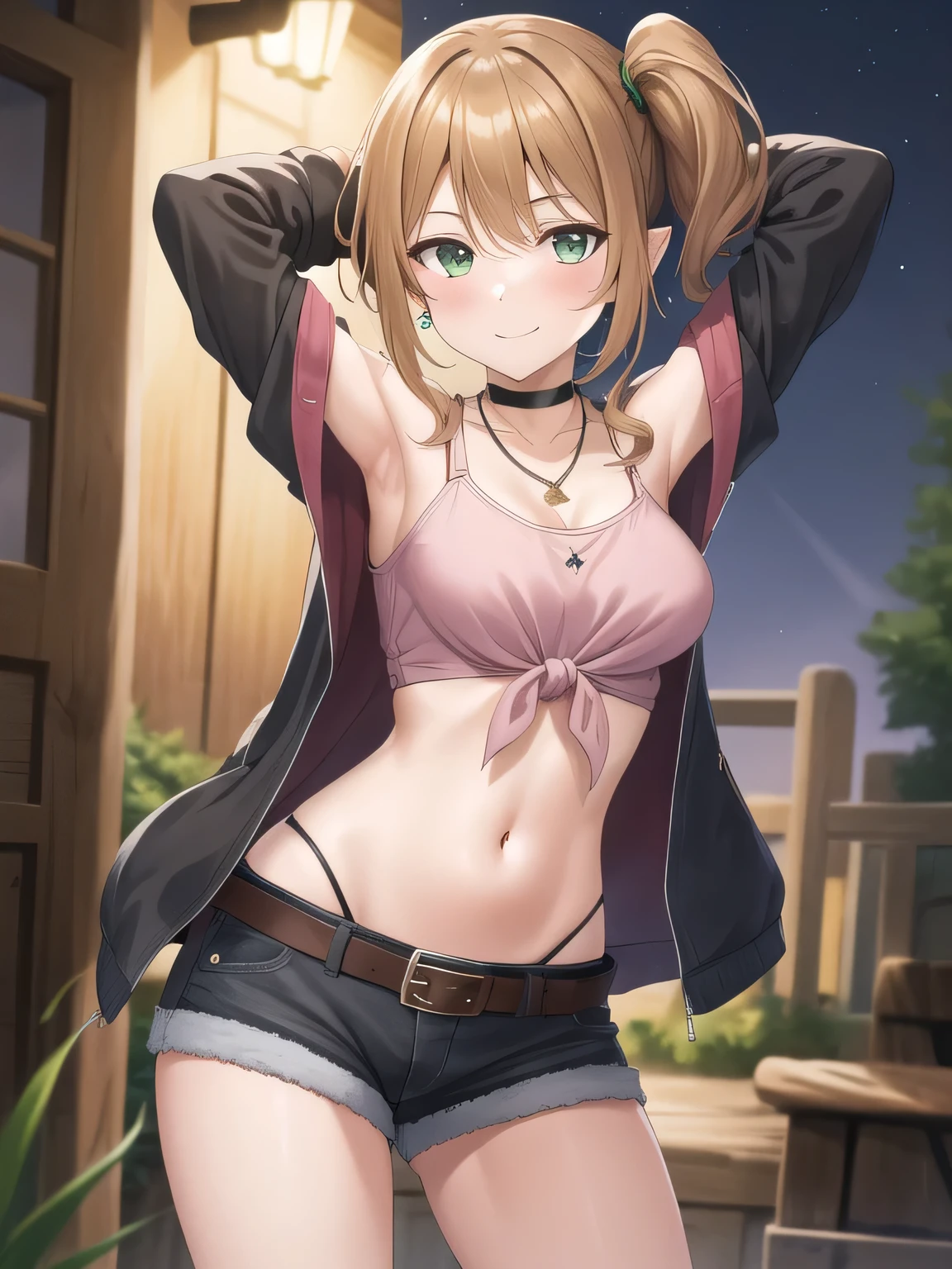 (masterpiece, best quality:1.2),illustration,8k,hd,1girl,solo, green eyes,side ponytail,brown hair,jacket,tied shirt,pink shirt,belt,choker,long hair,midriff,necklace,jewelry,off shoulder,green jacket,denim shorts,breasts,long sleeves,black shorts,black choker,bangs, solo, night sky, forest, arms behind head, contrapposto, spread armpits, closed mouth, smile, (cowboy shot:1.5)