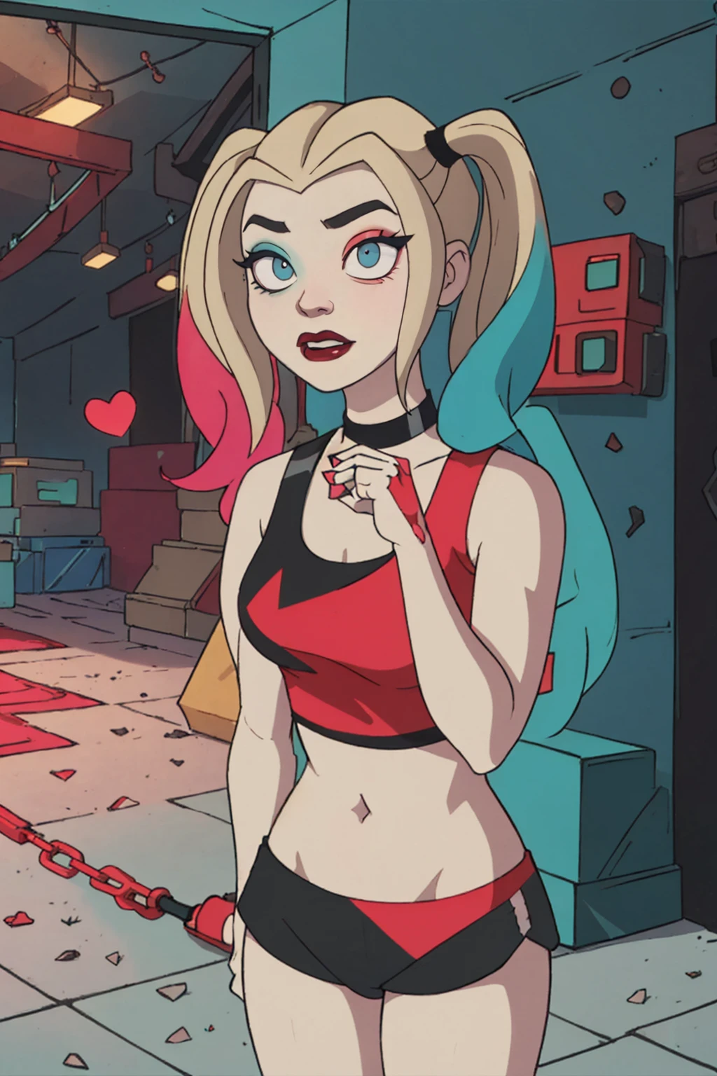 (Harley Quinn, harleyquinn:1.0), blonde pigtails with blue and pink ends, blue eyes, red lipstick, pink and blue eye shadow, heart on cheek, (half red and black crop top tank top, red and black underwear:1.2), sneakers with pom pom, black necklace, pale white skin, (full-body-shot:1), (Cowboy-shot:1.2),neon lighting, dark romantic lighting, (highly detailed:1.2),(detailed face:1.2), (gradients), colorful, detailed eyes, (detailed landscape:1.2), (natural lighting:1.2),(detailed background),detailed landscape, (cute pose:1.2), dinamic poses