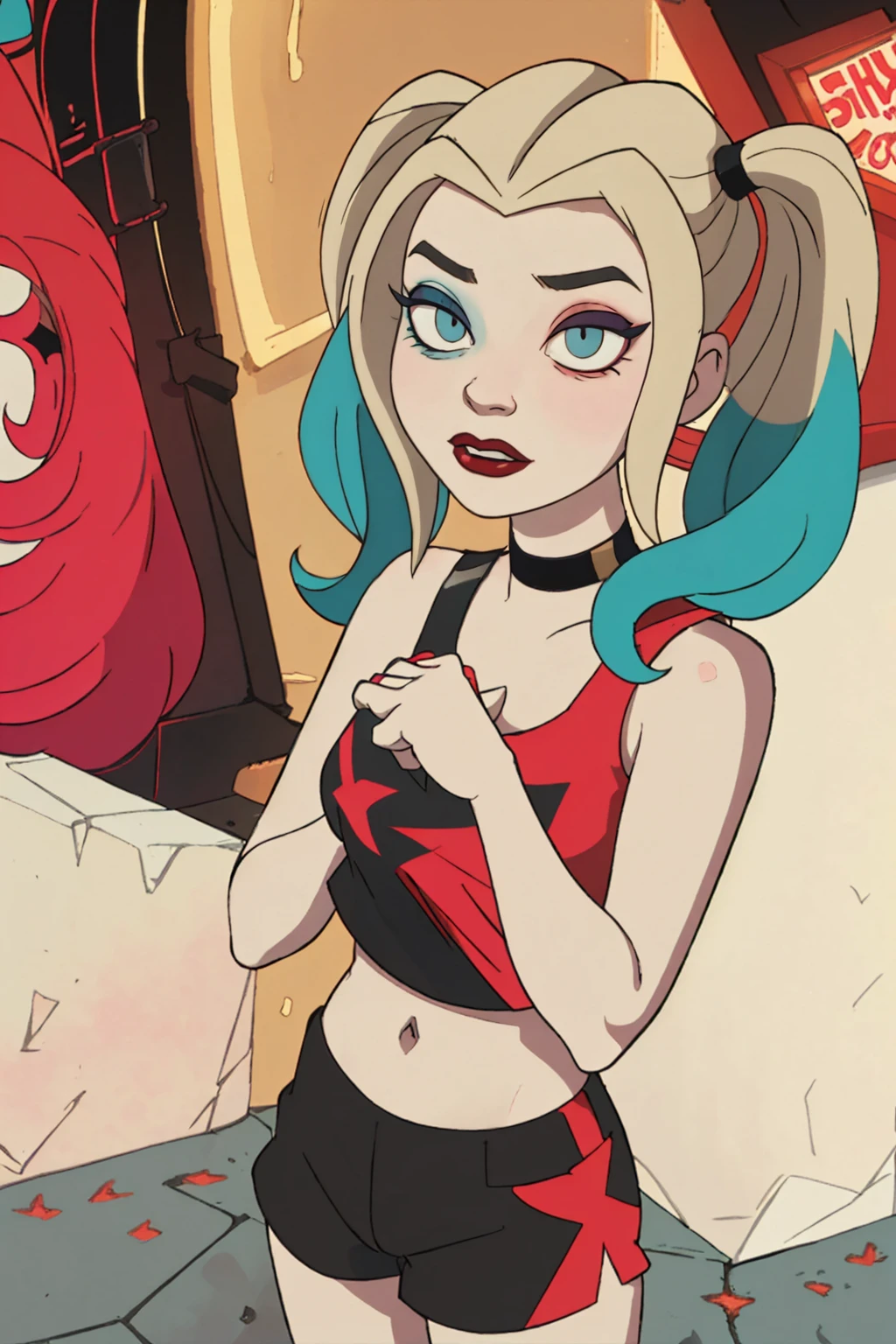 (Harley Quinn, harleyquinn:1.0), blonde pigtails with blue and pink ends, blue eyes, red lipstick, pink and blue eye shadow, heart on cheek, (half red and black crop top tank top, red and black underwear:1.2), sneakers with pom pom, black necklace, pale white skin, (full-body-shot:1), (Cowboy-shot:1.2),neon lighting, dark romantic lighting, (highly detailed:1.2),(detailed face:1.2), (gradients), colorful, detailed eyes, (detailed landscape:1.2), (natural lighting:1.2),(detailed background),detailed landscape, (cute pose:1.2), dinamic poses