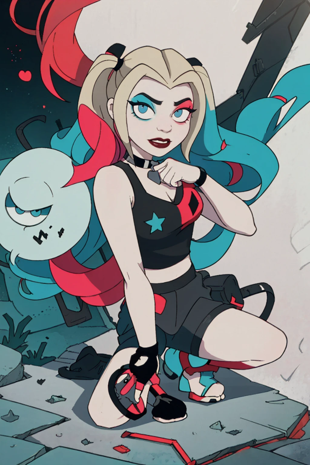 (Harley Quinn, harleyquinn:1.0), blonde pigtails with blue and pink ends, blue eyes, red lipstick, pink and blue eye shadow, heart on cheek, (half red and black crop top tank top, red and black underwear:1.2), sneakers with pom pom, black necklace, pale white skin, (full-body-shot:1), (Cowboy-shot:1.2),neon lighting, dark romantic lighting, (highly detailed:1.2),(detailed face:1.2), (gradients), colorful, detailed eyes, (detailed landscape:1.2), (natural lighting:1.2),(detailed background),detailed landscape, (cute pose:1.2), dinamic poses