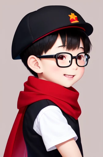 [[[masterpiece]]]A Chinese 4yr old [[child]] boy, in school uiform shorts, short sleeve shirt and red scarf, cap, super detailed, cute, white , with thin glasses, and black hair, full body, detailed, hyperealistic, smiling, cute, curious, inocence, pulling up shirt .