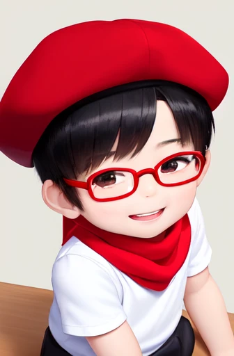 [[[masterpiece]]]A Chinese 4 [[child, in school uiform shorts, short sleeve shirt and red scarf, cap, super detailed, cute, white , with thin glasses, and black hair, full body, detailed, hyperealistic, smiling, cute, curious, inocence, pulling up shirt .