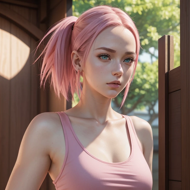 Sakura Haruno pelada young woman, short shoulder-length pink hair, wide forehead, porcelain skin, pink eyebrows, big emerald green eyes, buttoned nose, full lips, heart-shaped face, slender body, small breasts, red tank top, Sakura Haruno , realistic, realism, details, 3d, well detailed