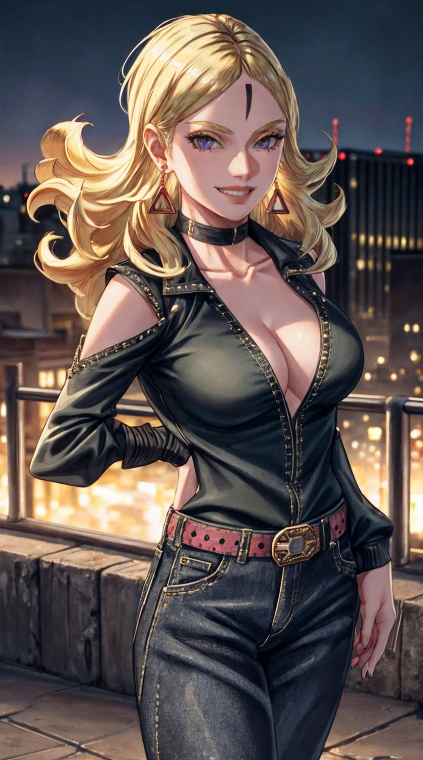 1girl,cowboy shot, beautiful Delta, earrings, blonde hair, looking at viewer, smile, shirt, pants, belt, dynamic pose,choker, black jacket, city, smile, outdoors, volumetric lighting, best quality, masterpiece, intricate details, tonemapping, sharp focus, hyper detailed, trending on Artstation,