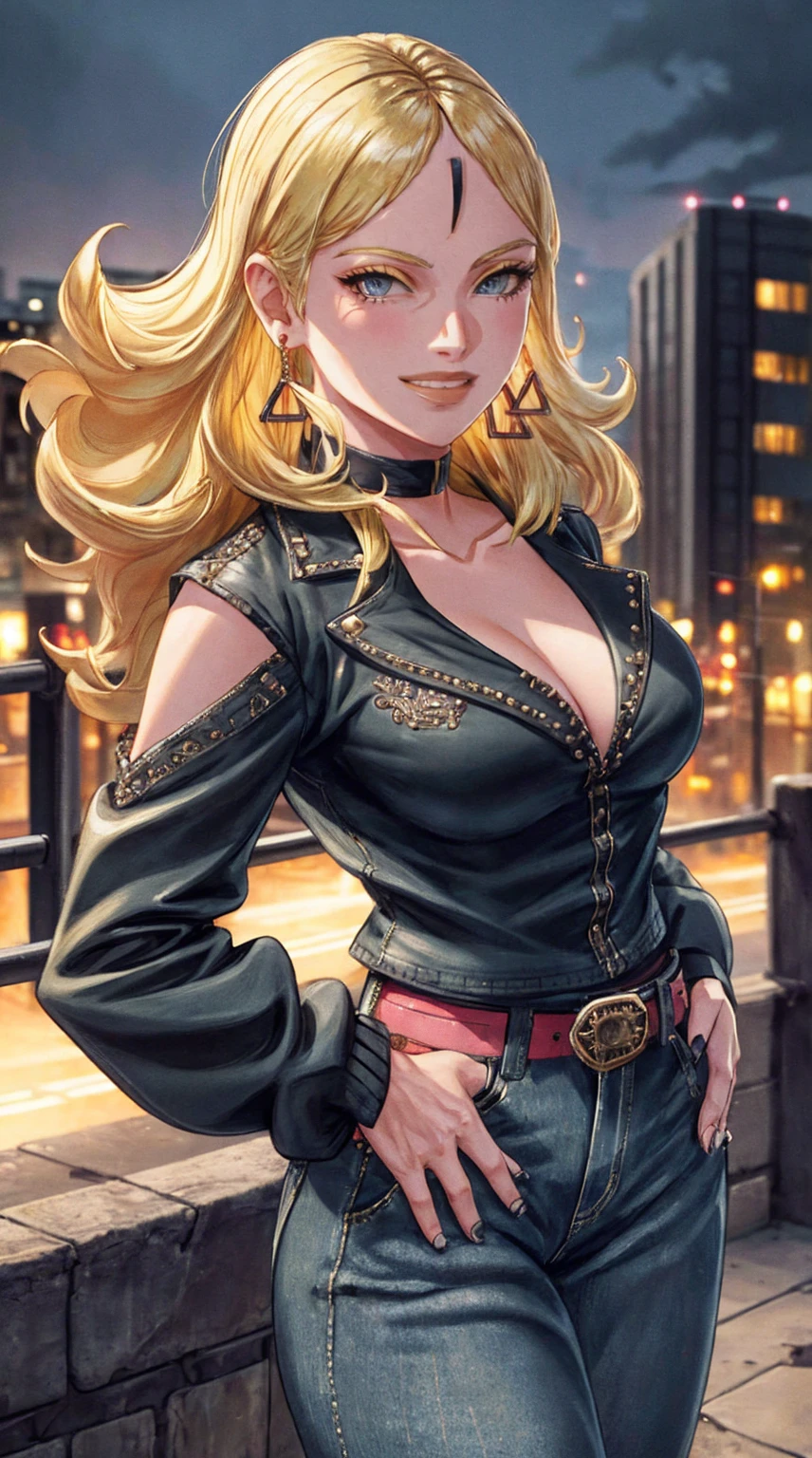 1girl,cowboy shot, beautiful Delta, earrings, blonde hair, looking at viewer, smile, shirt, pants, belt, dynamic pose,choker, black jacket, city, smile, outdoors, volumetric lighting, best quality, masterpiece, intricate details, tonemapping, sharp focus, hyper detailed, trending on Artstation,